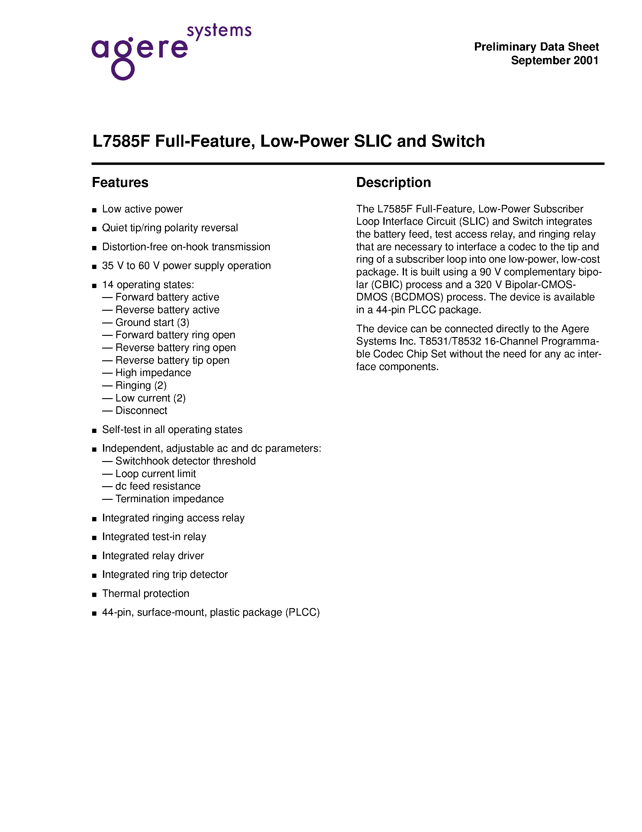 Datasheet LUCL7585FP-D - Full-Feature/Low-Power SLIC and Switch page 1