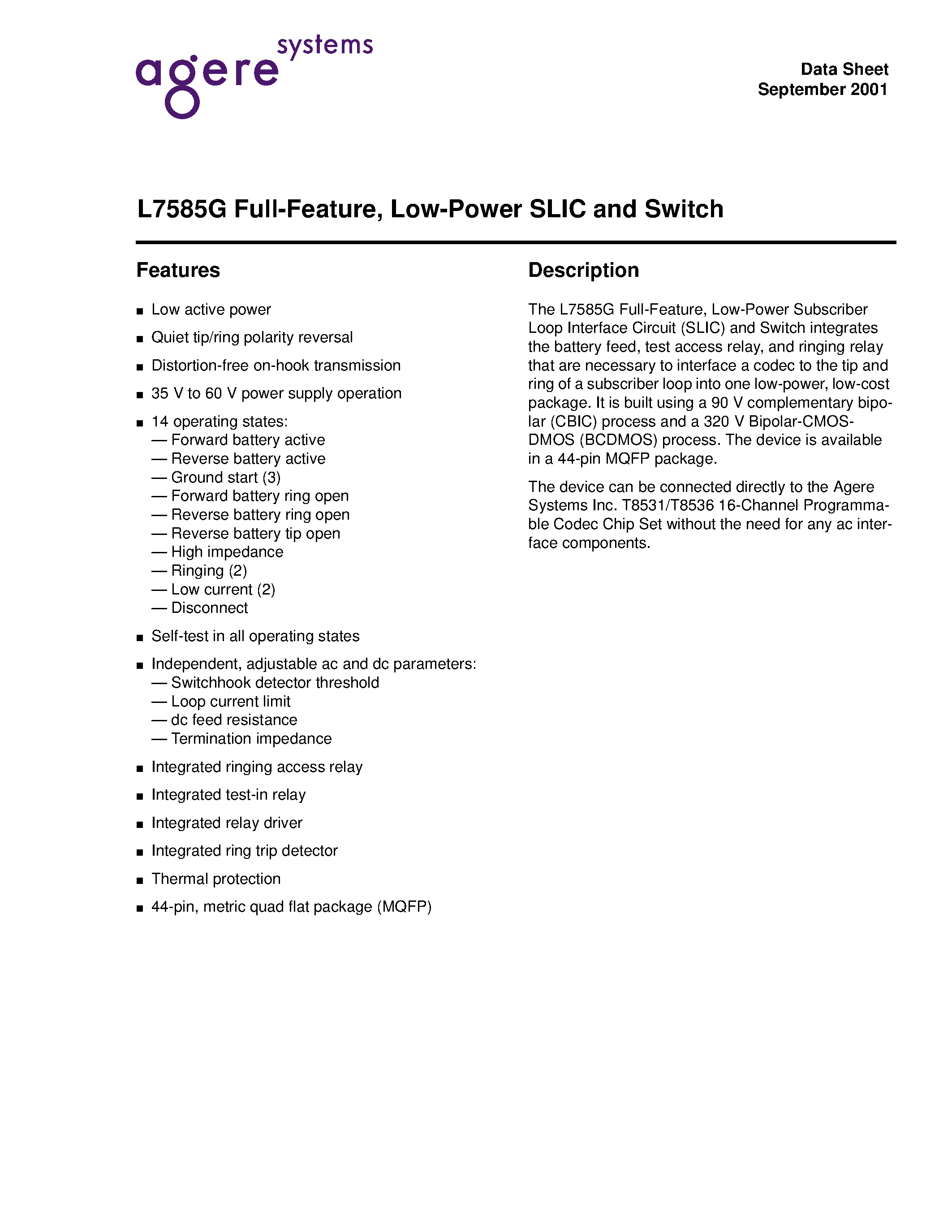 Datasheet LUCL7585GBE-DT - Full-Feature/Low-Power SLIC and Switch page 1