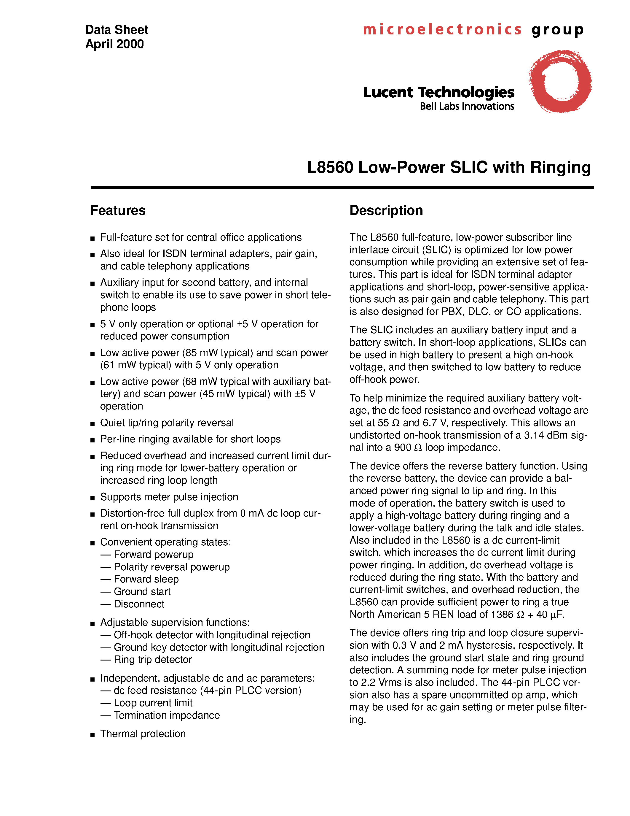 Datasheet LUCL8560AU-D page 1 Datasheet LUCL8560AU-D - Low-Power SLIC with Ringing page 1