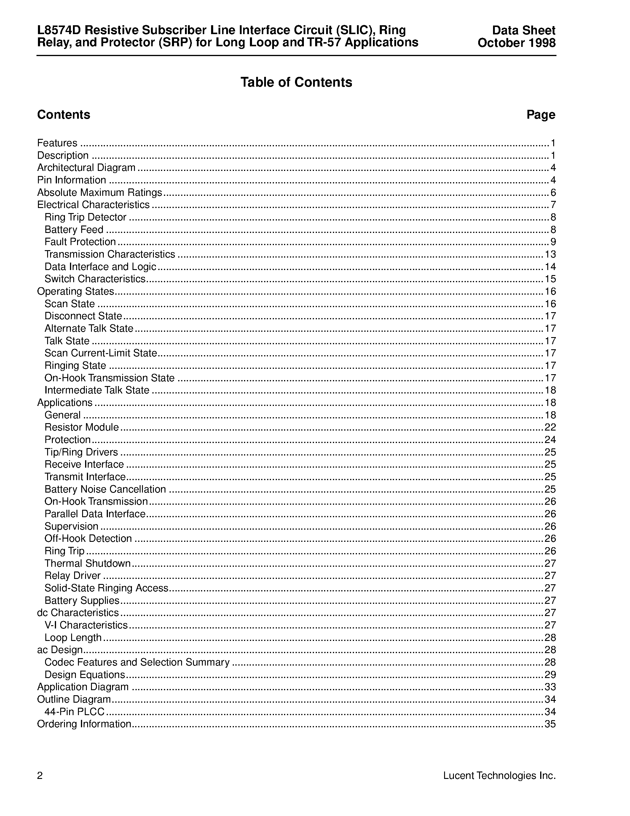 Даташит на микросхему LUCL8574DP-D страница 2 Даташит LUCL8574DP-D - L8574D Resistive Subscriber Line Interface Circuit(SLIC)/ Ring Relay/and Protector(SRP)for Long Loop and TR-57 Applications страница 2