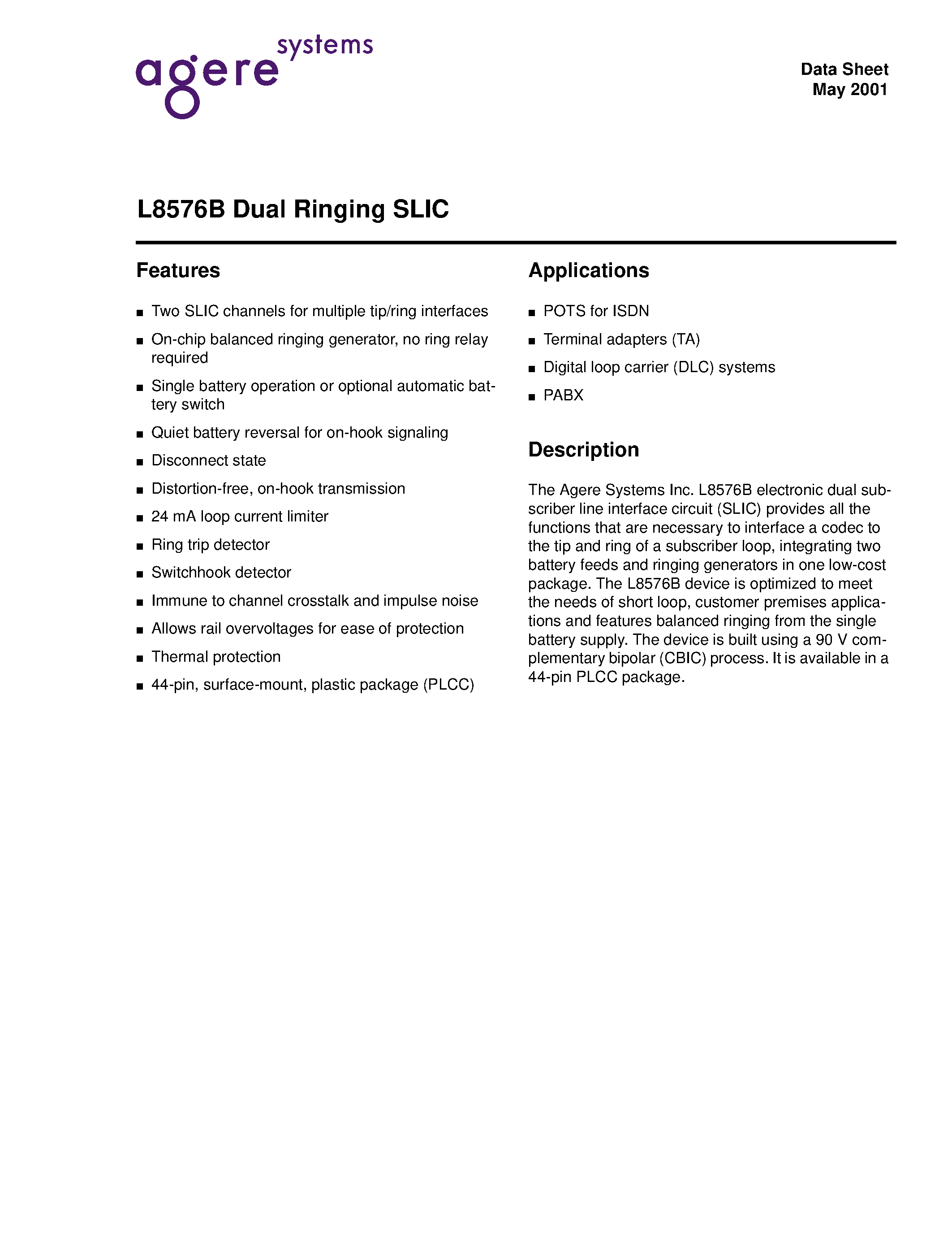 Datasheet LUCL8576BP-D - Dual Ringing SLIC page 1