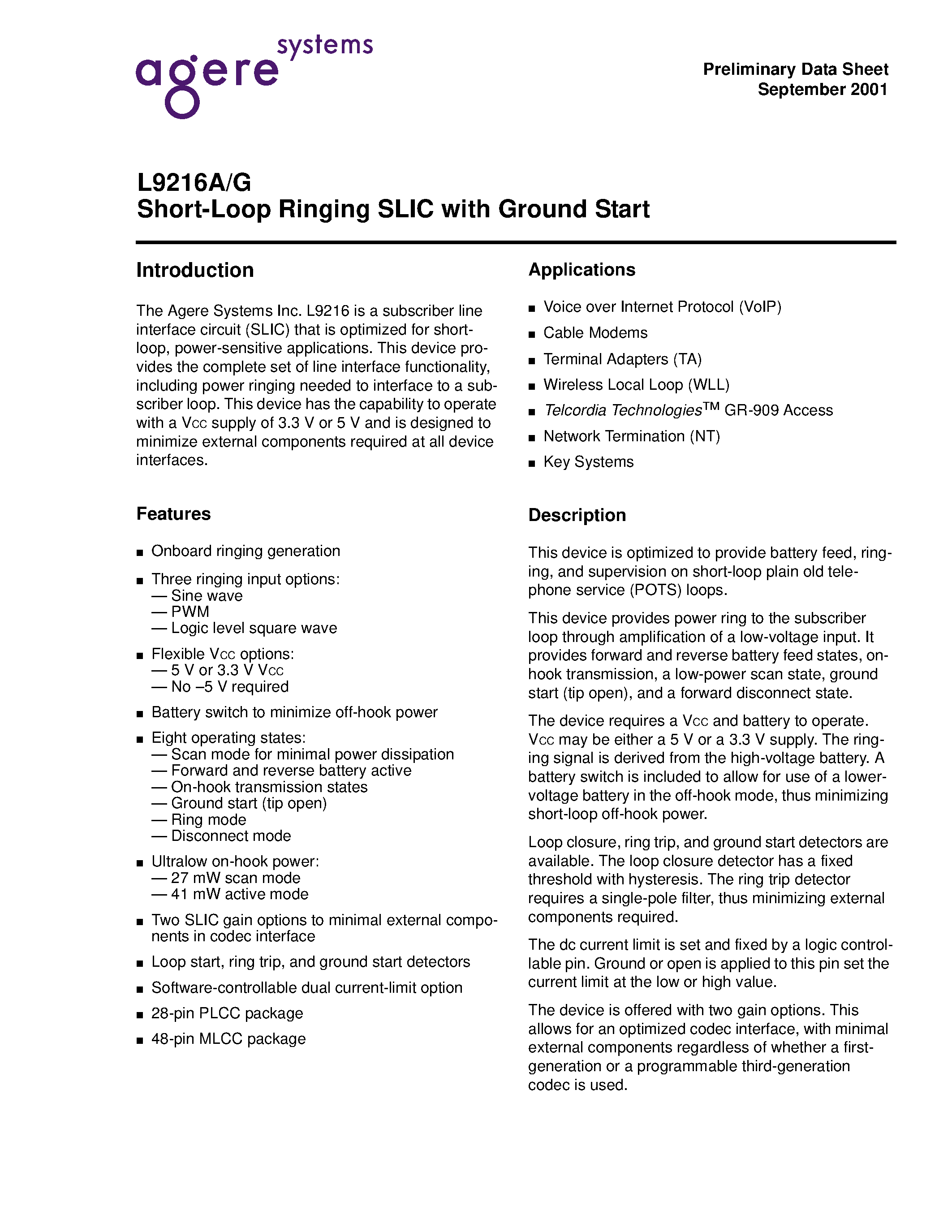 Datasheet LUCL9216GGF-D - Short-Loop Ringing SLIC with Ground Start page 1
