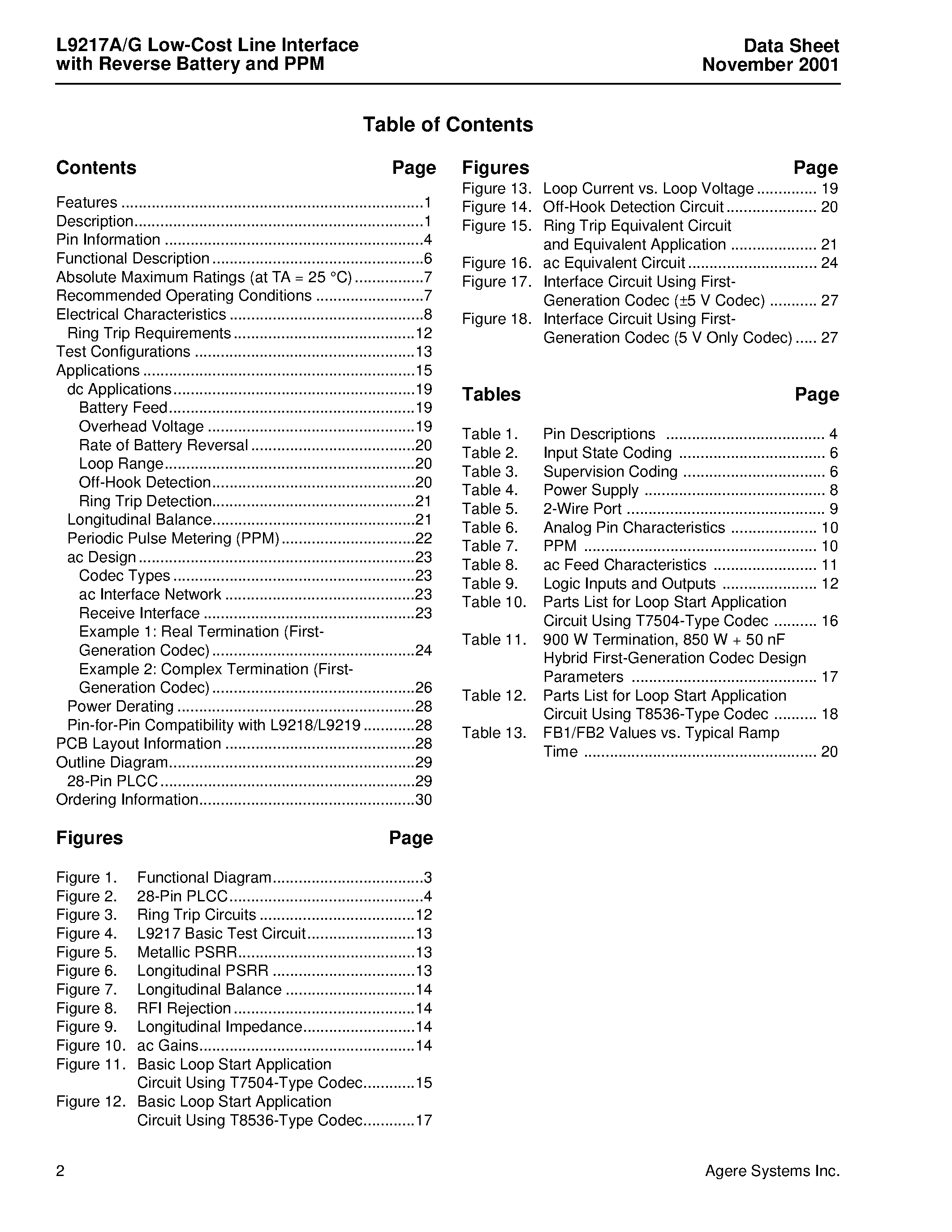 Datasheet LUCL9217AAR-D page 2 Datasheet LUCL9217AAR-D - Low-Cost Line Interface with Reverse Battery and PPM page 2