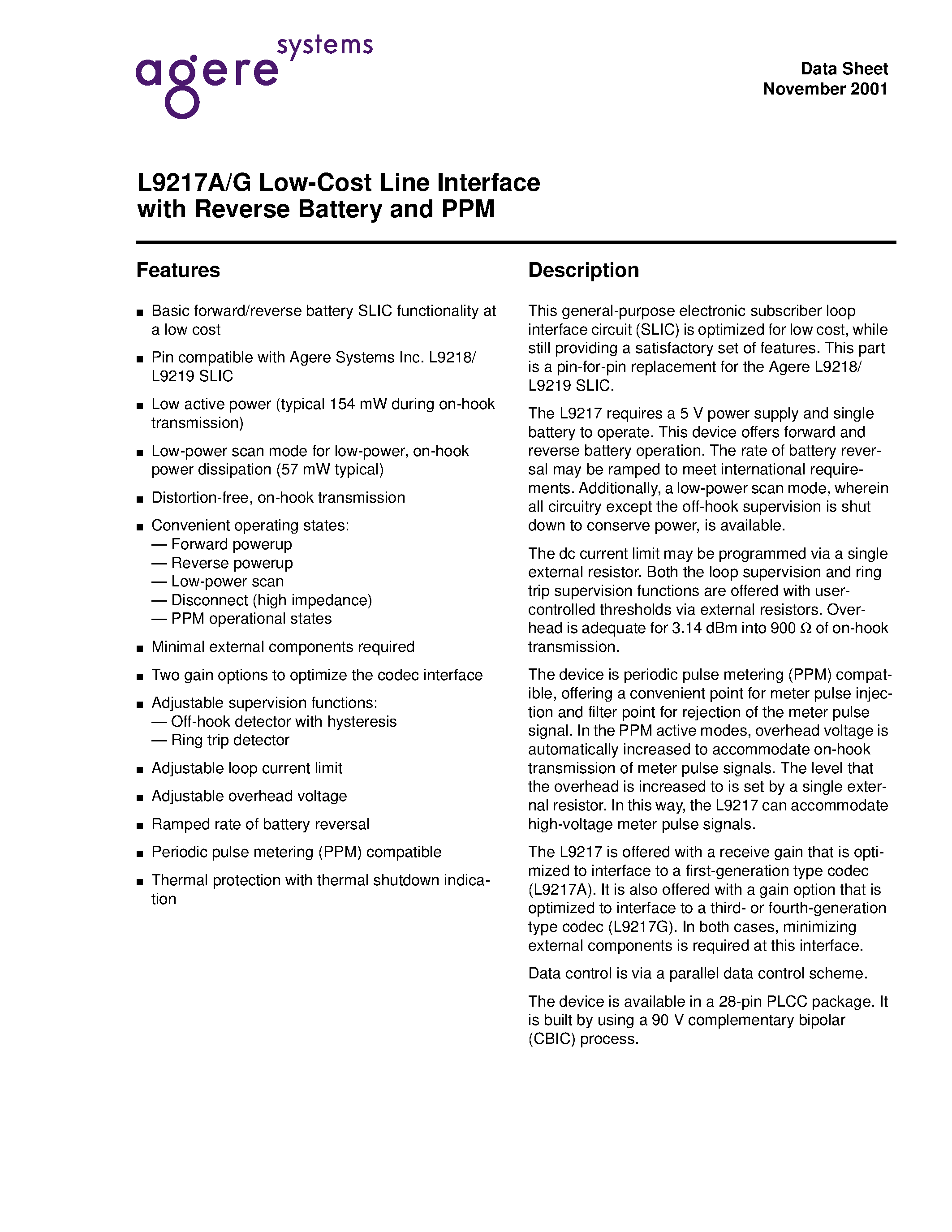 Datasheet LUCL9217AAR-DT - Low-Cost Line Interface with Reverse Battery and PPM page 1