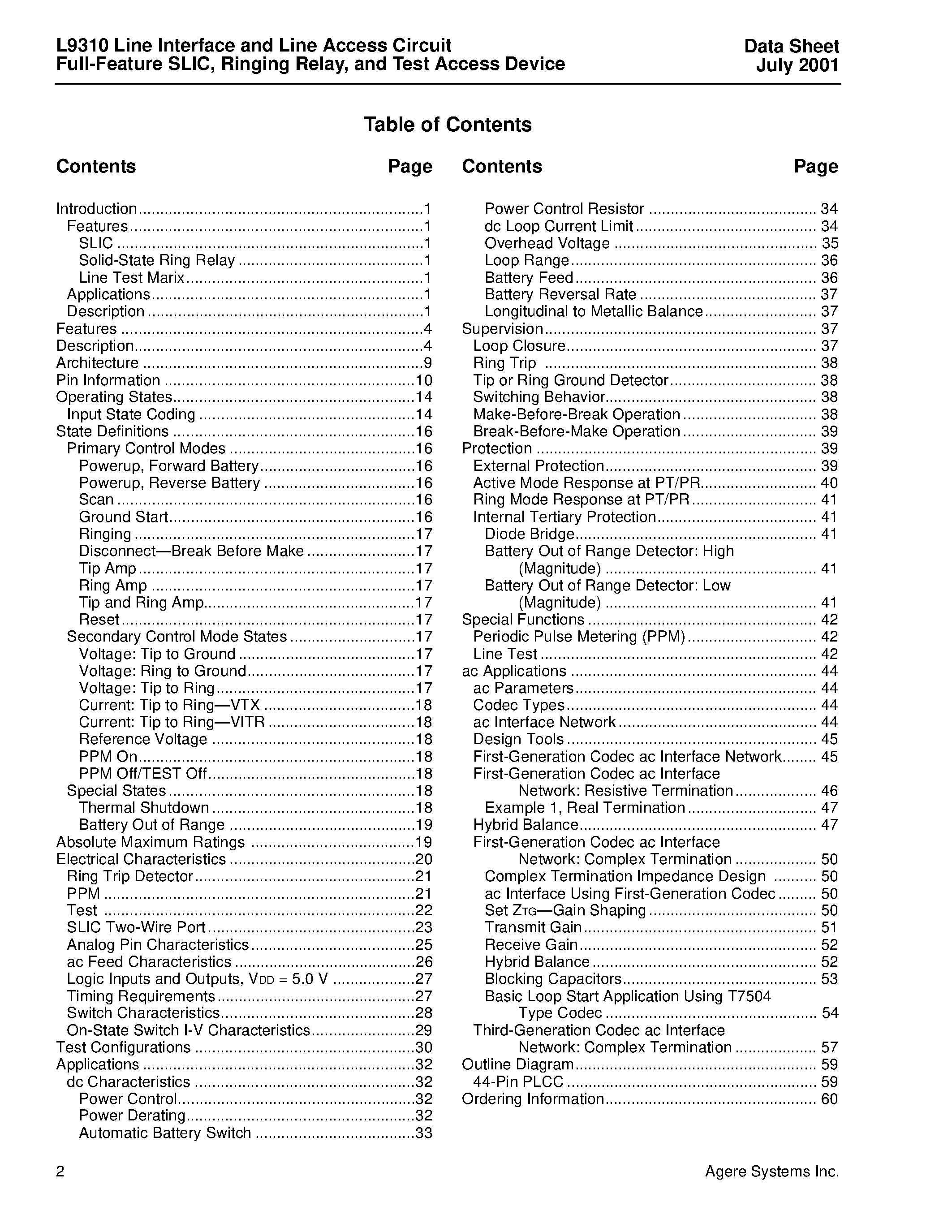 Datasheet LUCL9310AP-D page 2 Datasheet LUCL9310AP-D - Line Interface and Line Access Circuit Full-Feature SLIC/Ringing Relay/and Test Access Device page 2