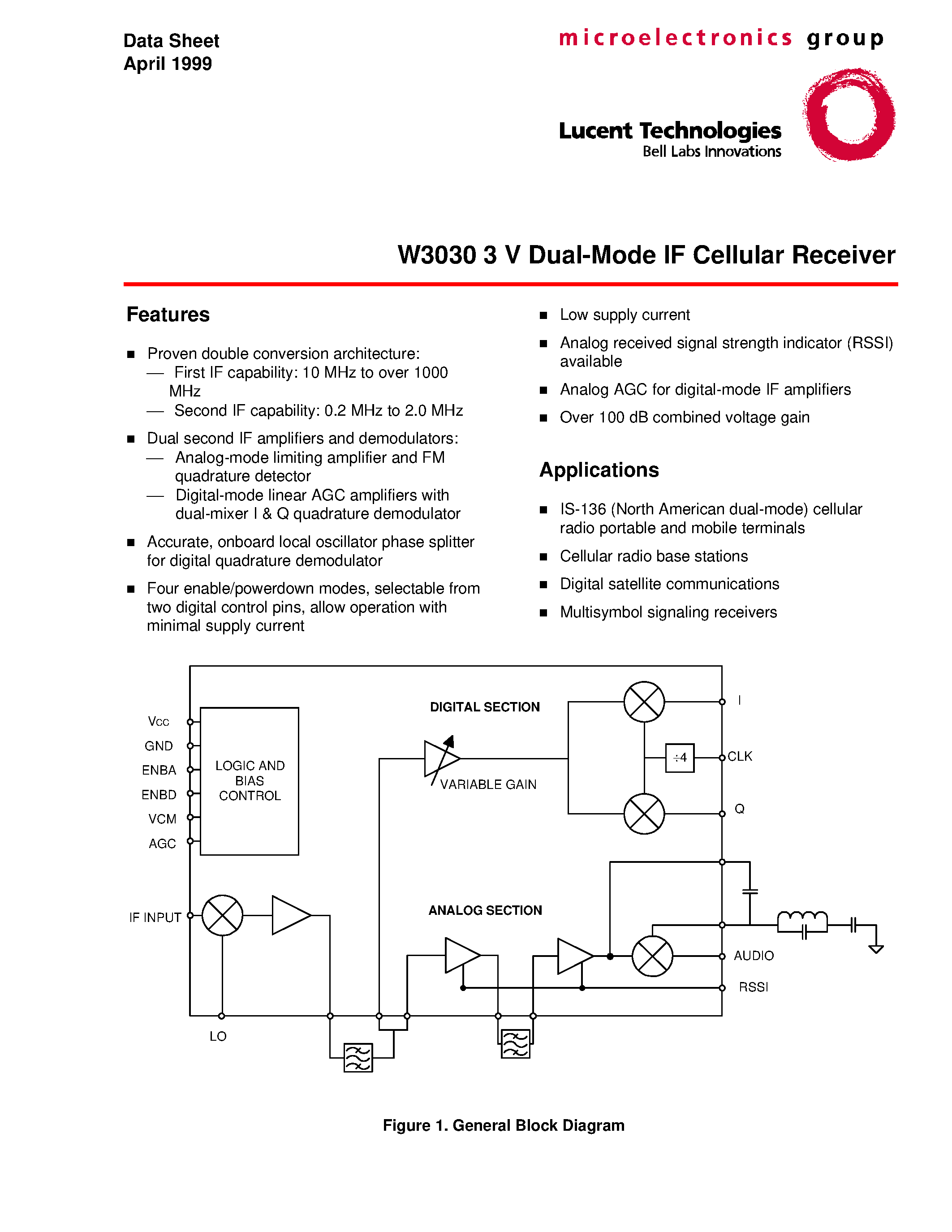 Даташит LUCW3030ACA - W3030 3 V Dual-Mode IF Cellular Receiver страница 1