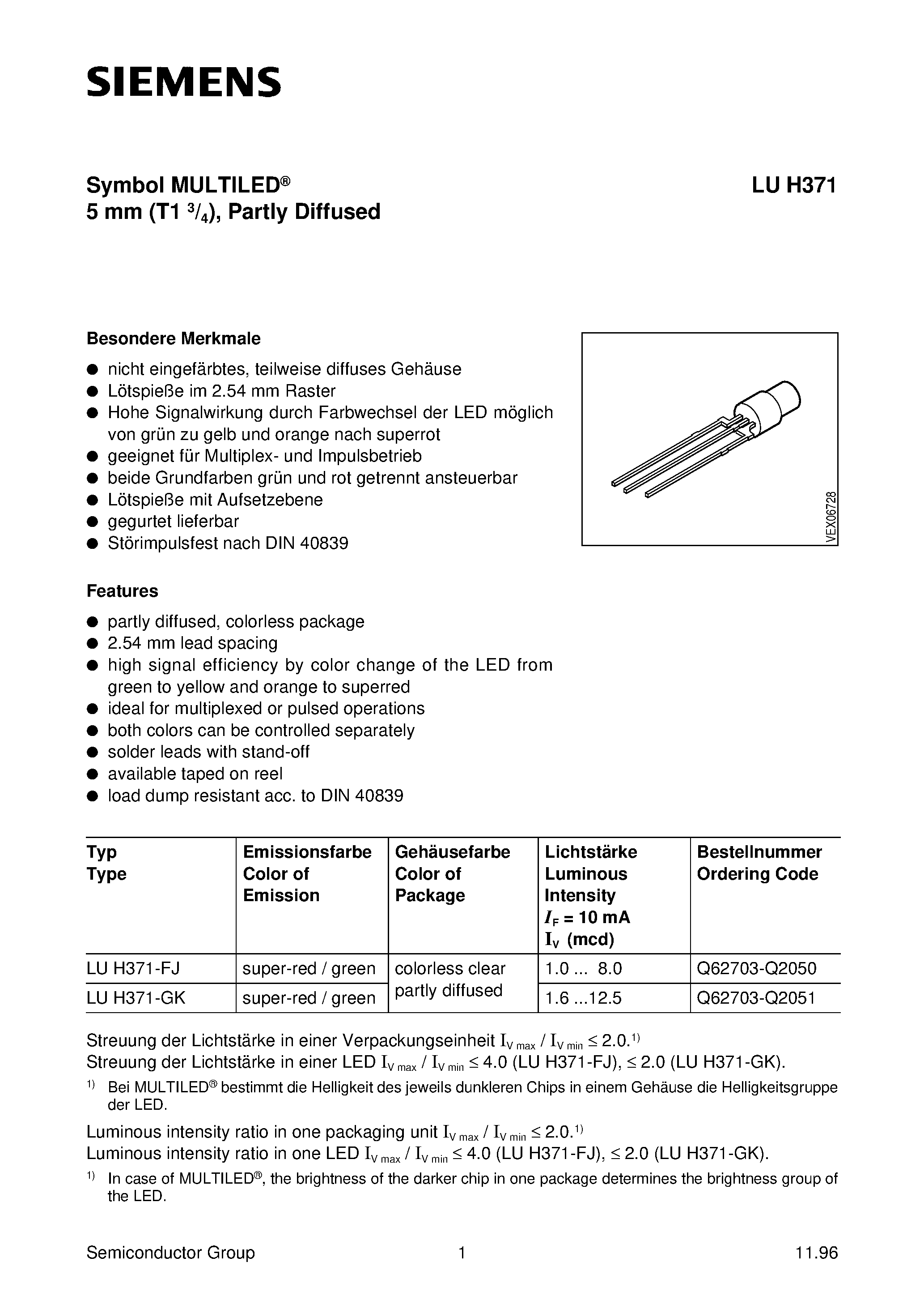 Datasheet LUH371-FJ page 1 Datasheet LUH371-FJ - Symbol MULTILED 5 mm T1 3/4/ Partly Diffused page 1