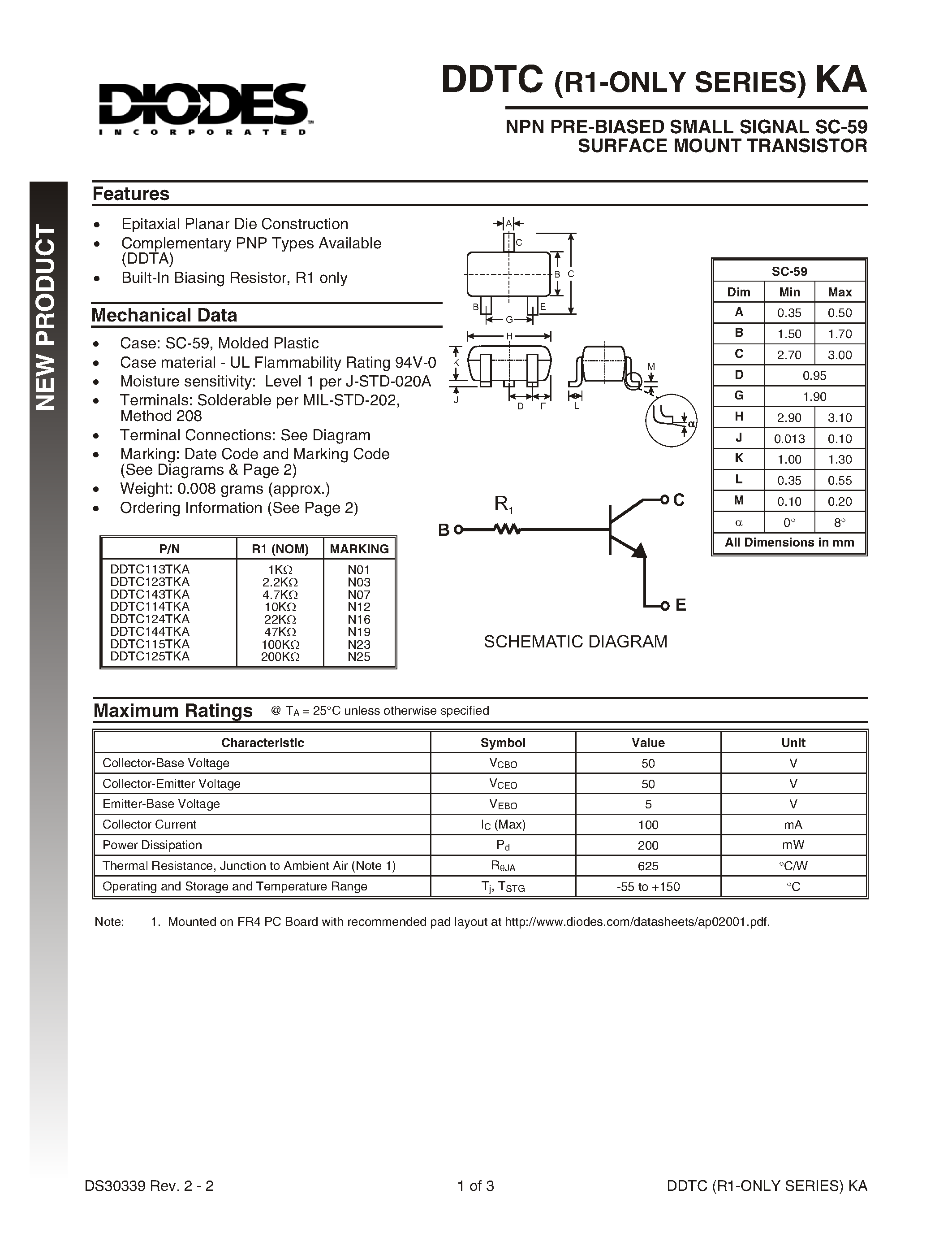 Даташит DDTC115TKA-7 - NPN PRE-BIASED SMALL SIGNAL SC-59 SURFACE MOUNT TRANSISTOR страница 1