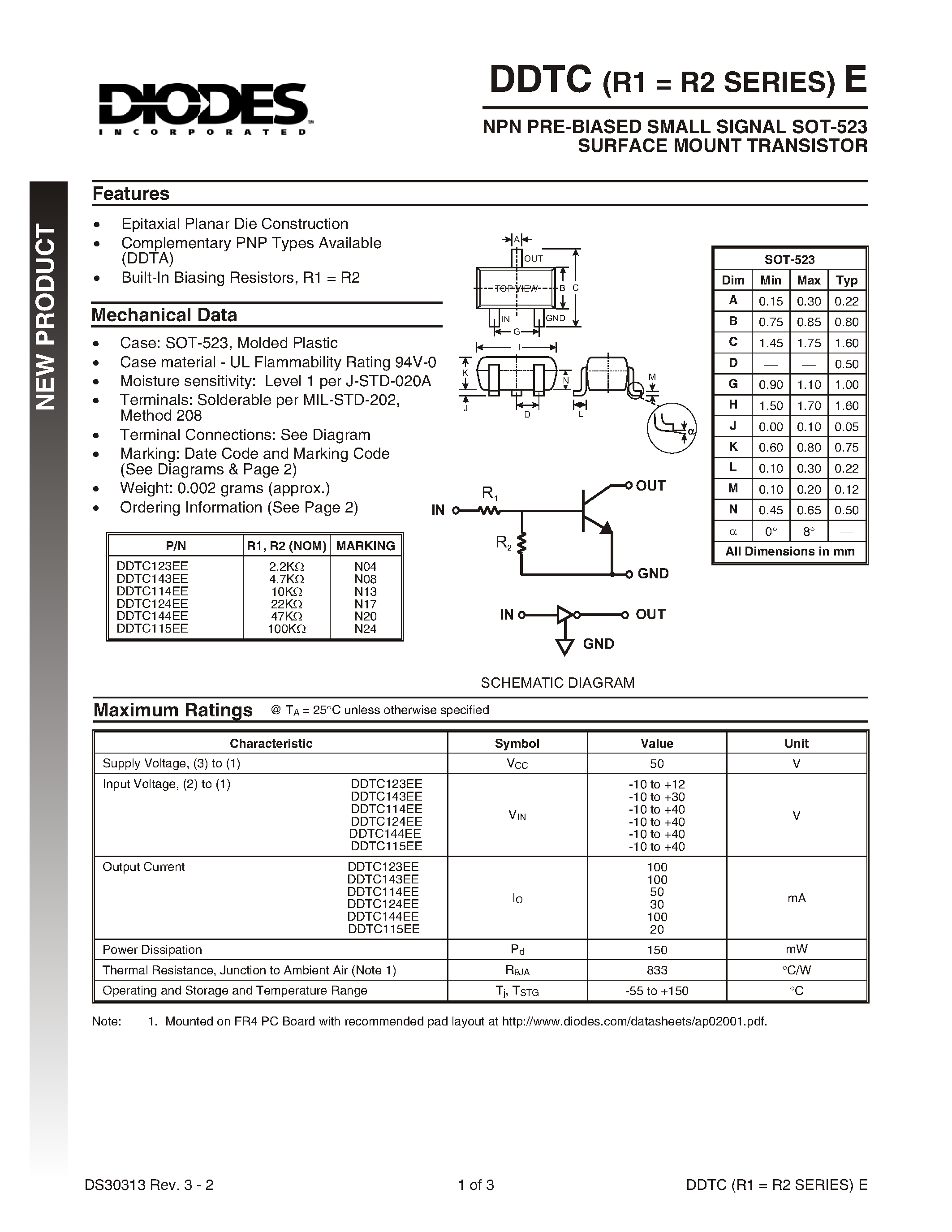 Даташит DDTC123EE-7 - NPN PRE-BIASED SMALL SIGNAL SOT-523 SURFACE MOUNT TRANSISTOR страница 1