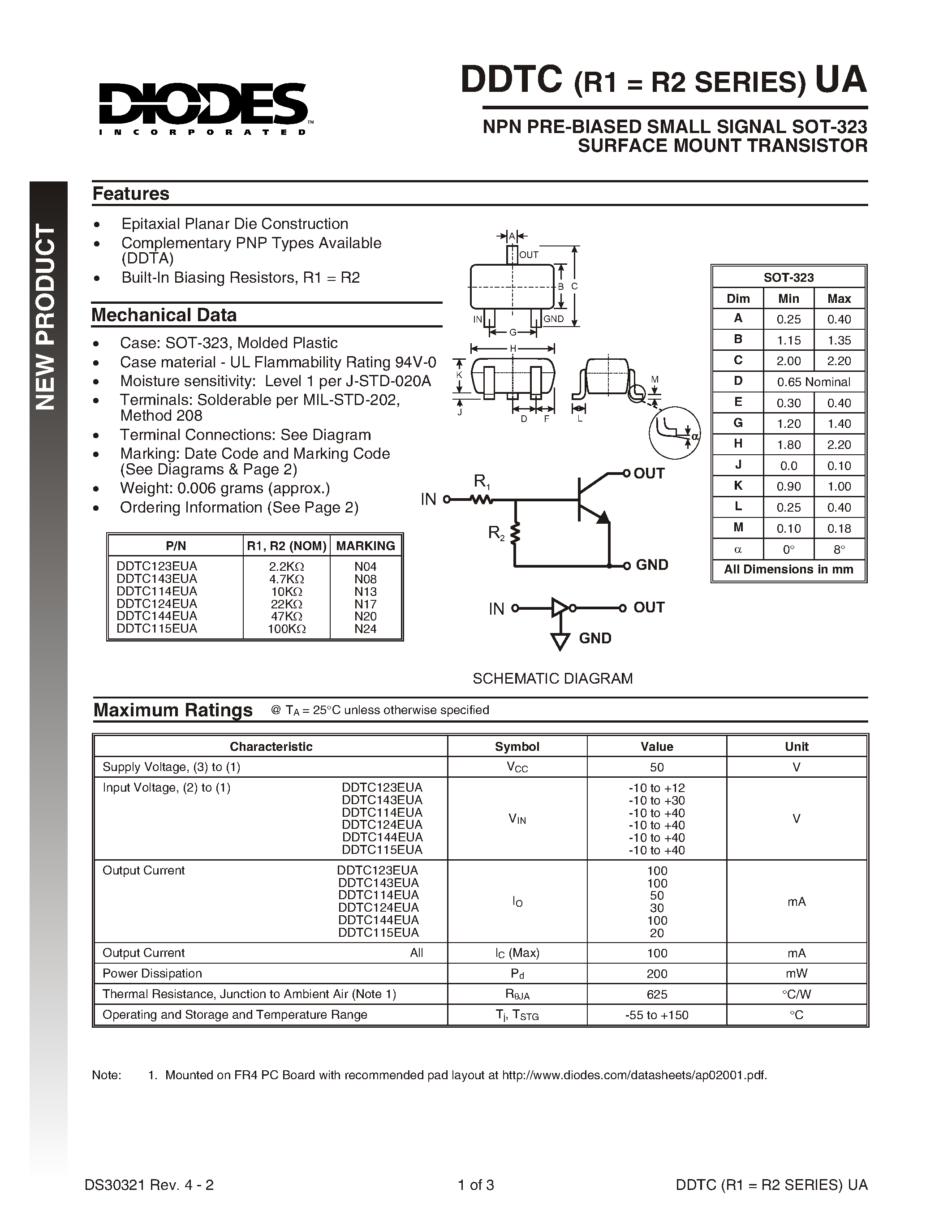 Даташит DDTC123EUA-7 - NPN PRE-BIASED SMALL SIGNAL SOT-323 SURFACE MOUNT TRANSISTOR страница 1