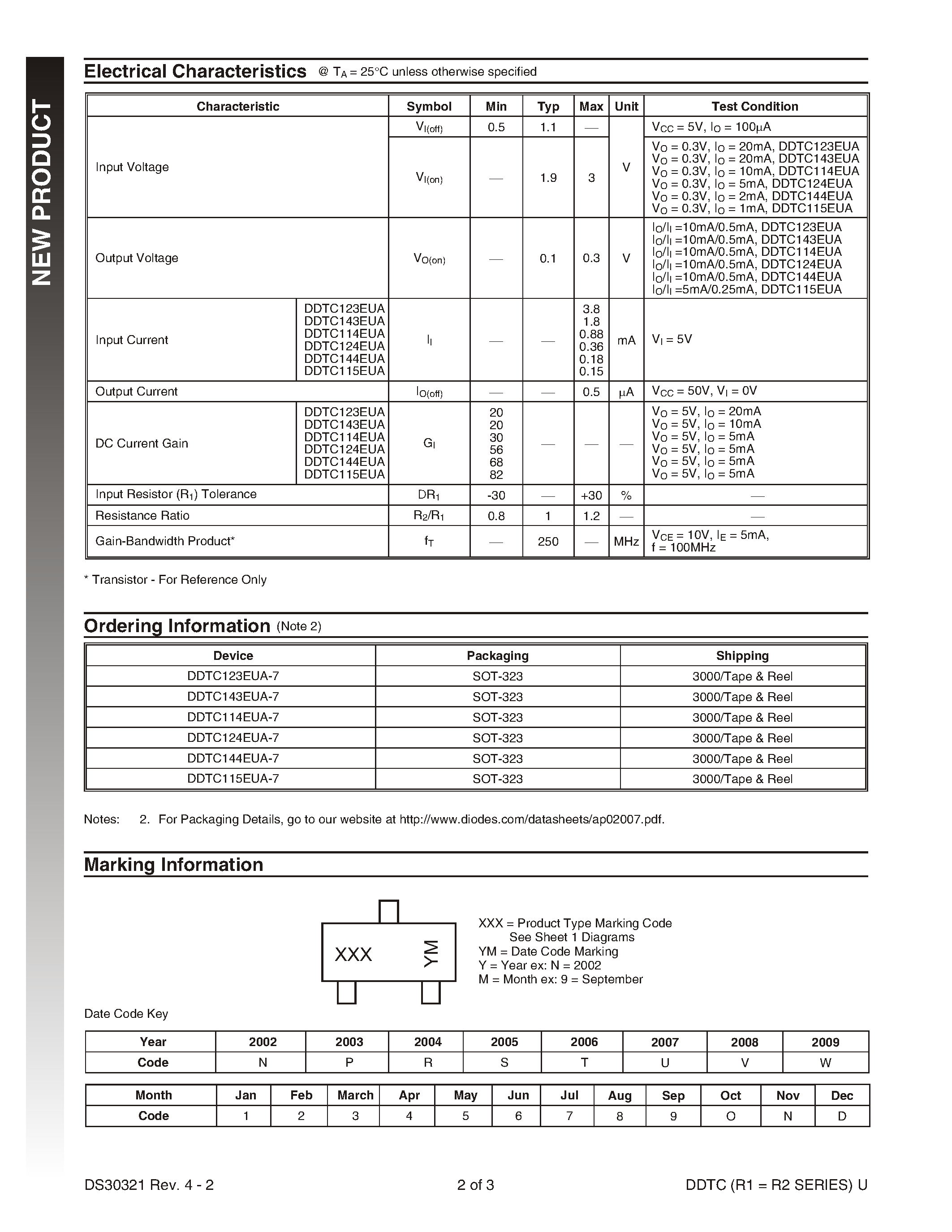 Даташит DDTC123EUA-7 - NPN PRE-BIASED SMALL SIGNAL SOT-323 SURFACE MOUNT TRANSISTOR страница 2