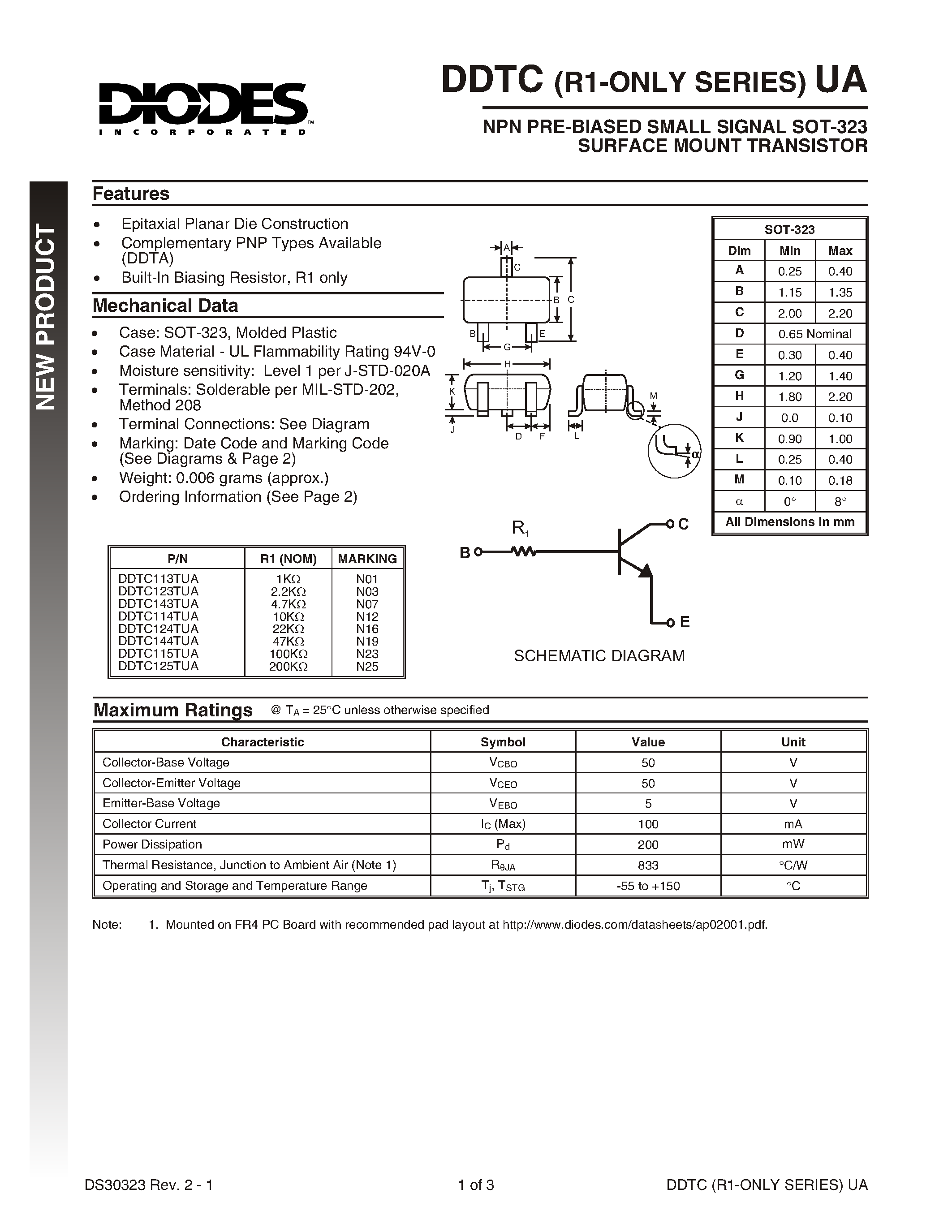 Datasheet DDTC123TUA-7 - NPN PRE-BIASED SMALL SIGNAL SOT-323 DUAL SURFACE MOUNT TRANSISTOR page 1