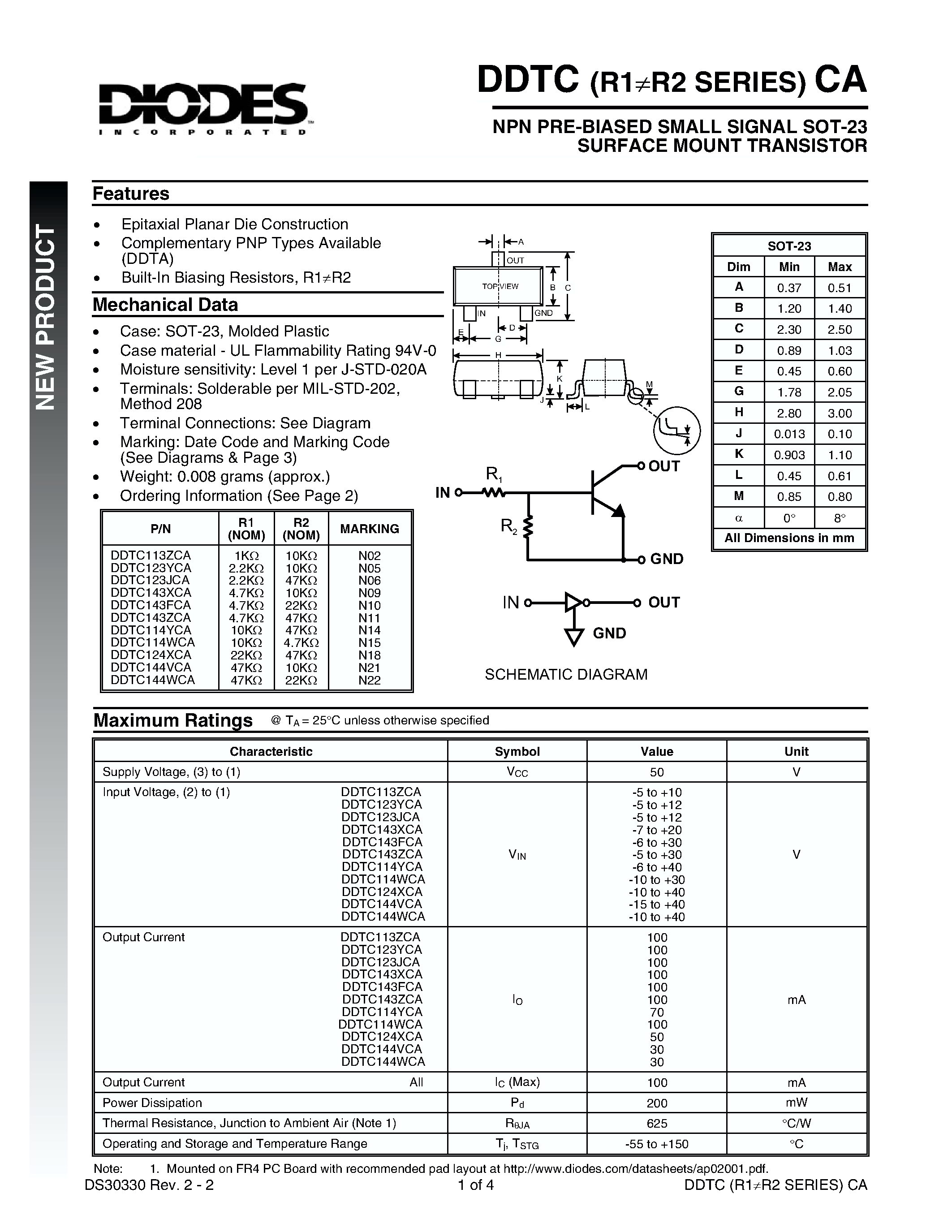 Даташит DDTC123YCA-7 - NPN PRE-BIASED SMALL SIGNAL SOT-23 SURFACE MOUNT TRANSISTOR страница 1