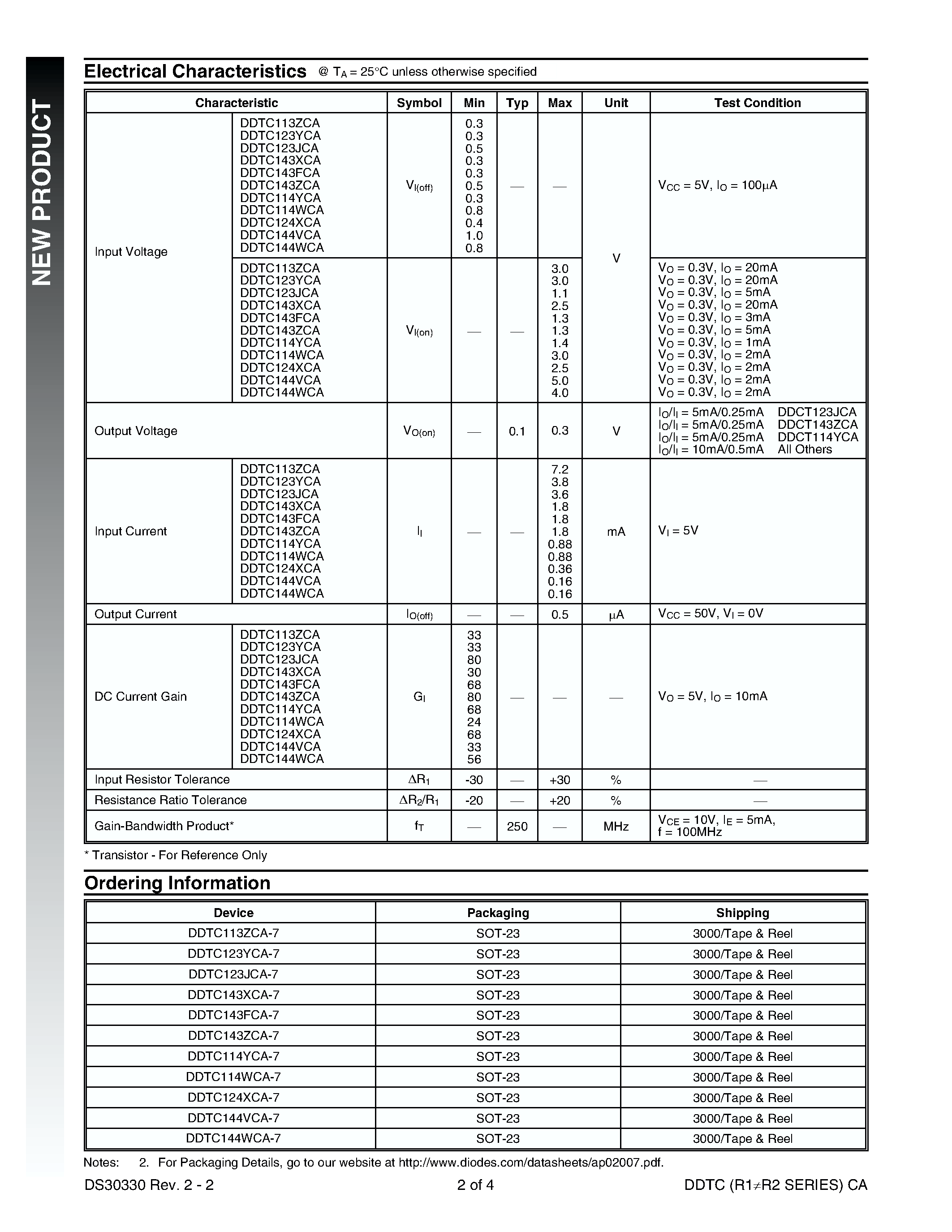 Даташит DDTC123YCA-7 - NPN PRE-BIASED SMALL SIGNAL SOT-23 SURFACE MOUNT TRANSISTOR страница 2
