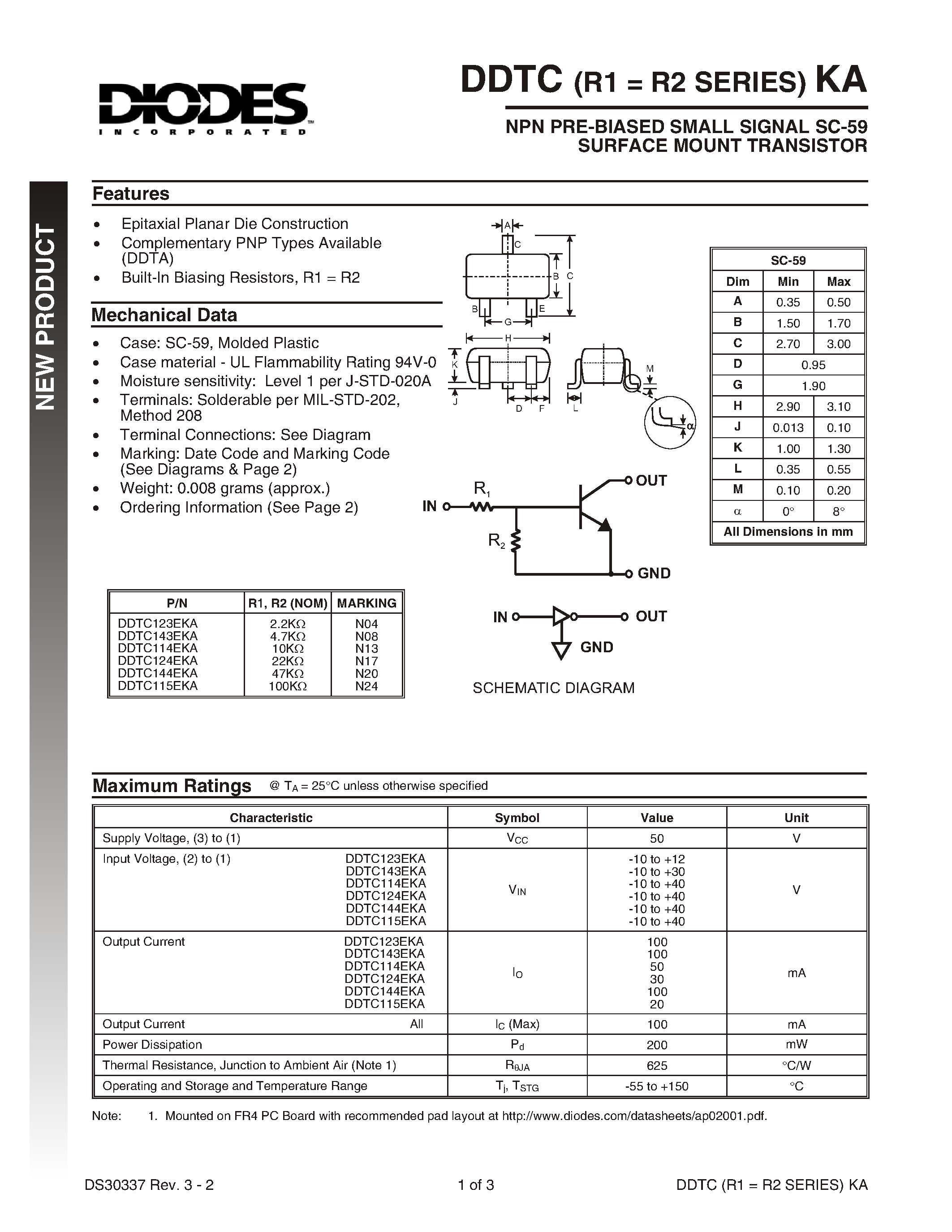 Datasheet DDTC124EKA-7 page 1 Datasheet DDTC124EKA-7 - NPN PRE-BIASED SMALL SIGNAL SC-59 SURFACE MOUNT TRANSISTOR page 1