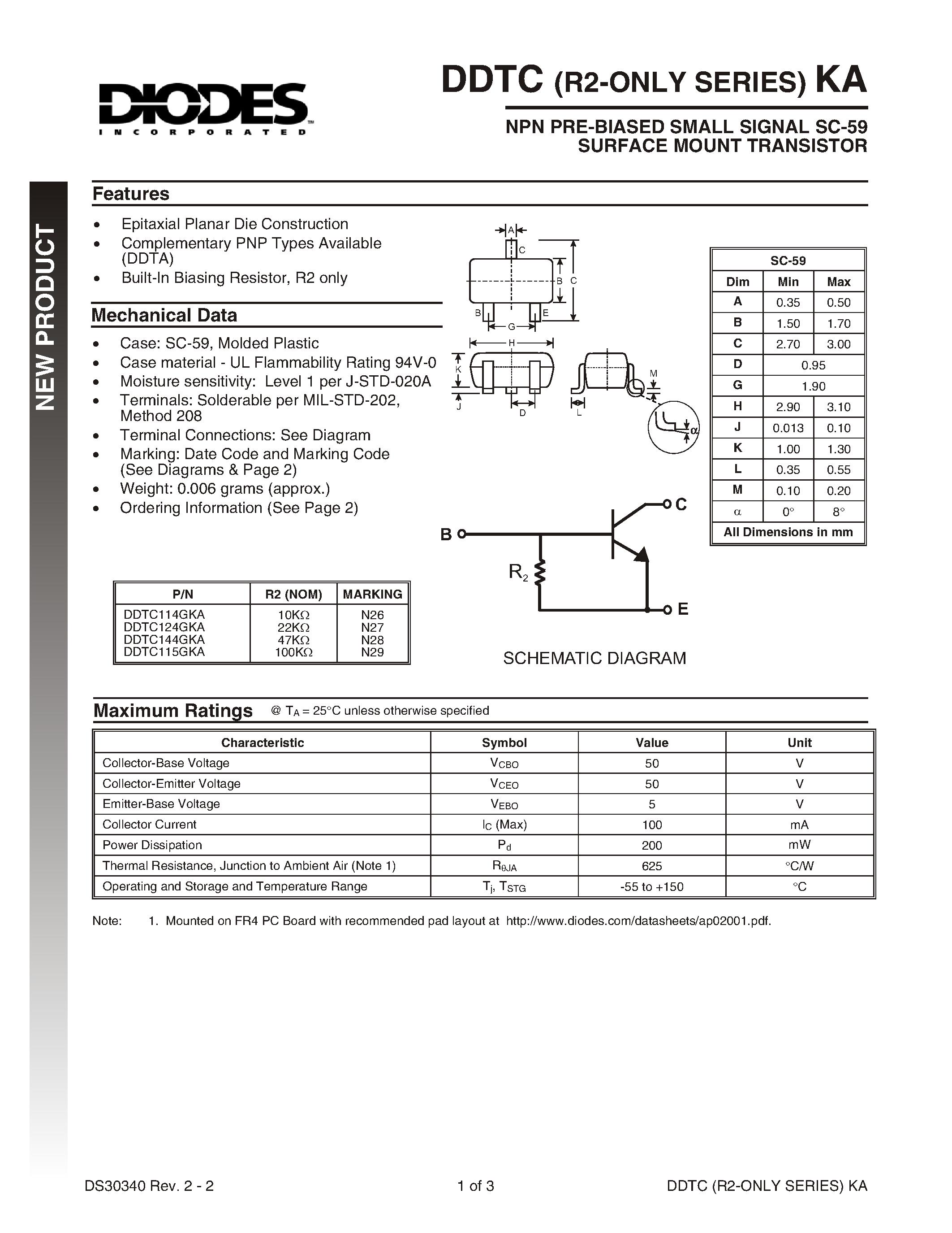 Даташит на микросхему DDTC124GKA-7 страница 1 Даташит DDTC124GKA-7 - NPN PRE-BIASED SMALL SIGNAL SC-59 SURFACE MOUNT TRANSISTOR страница 1