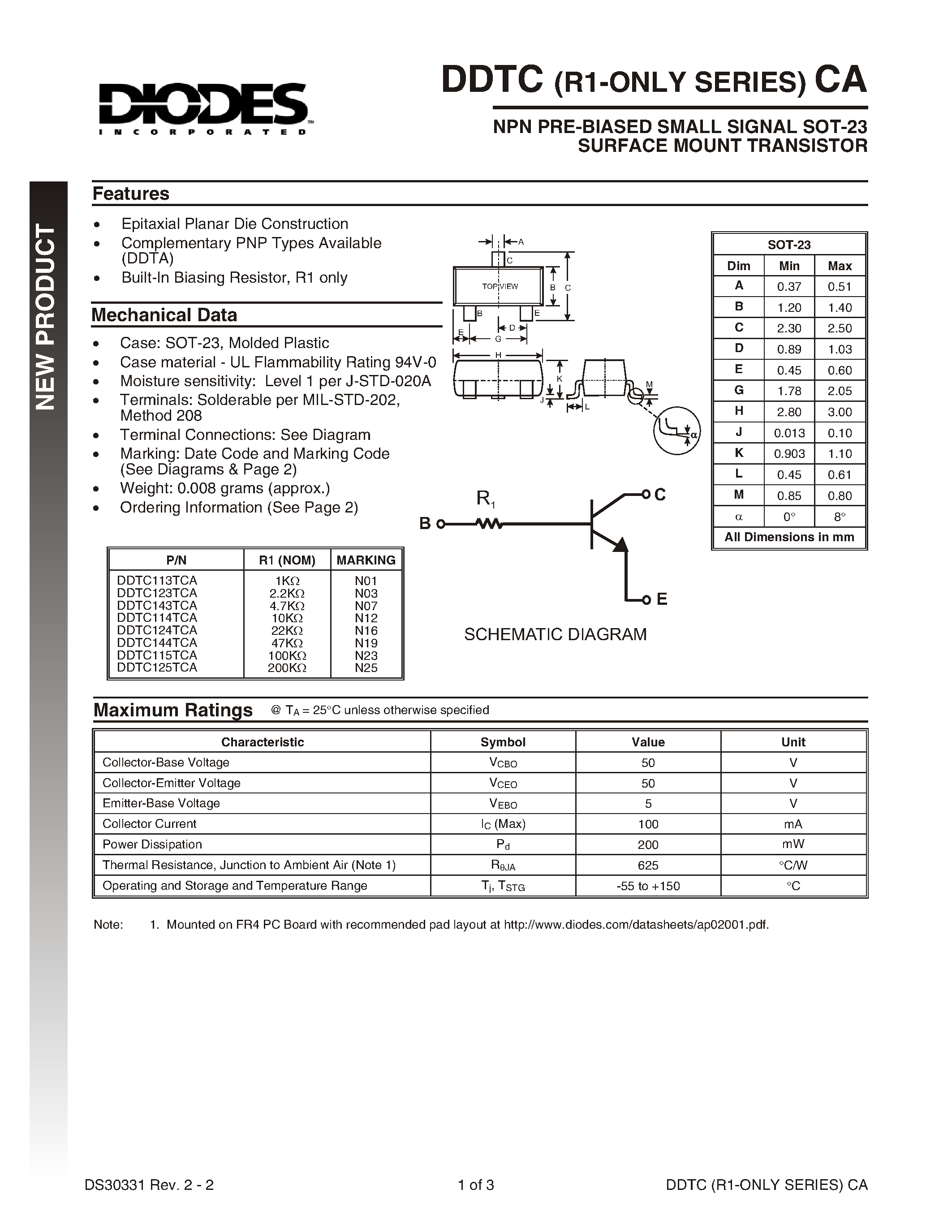 Datasheet DDTC143TCA-7 - NPN PRE-BIASED SMALL SIGNAL SOT-23 SURFACE MOUNT TRANSISTOR page 1