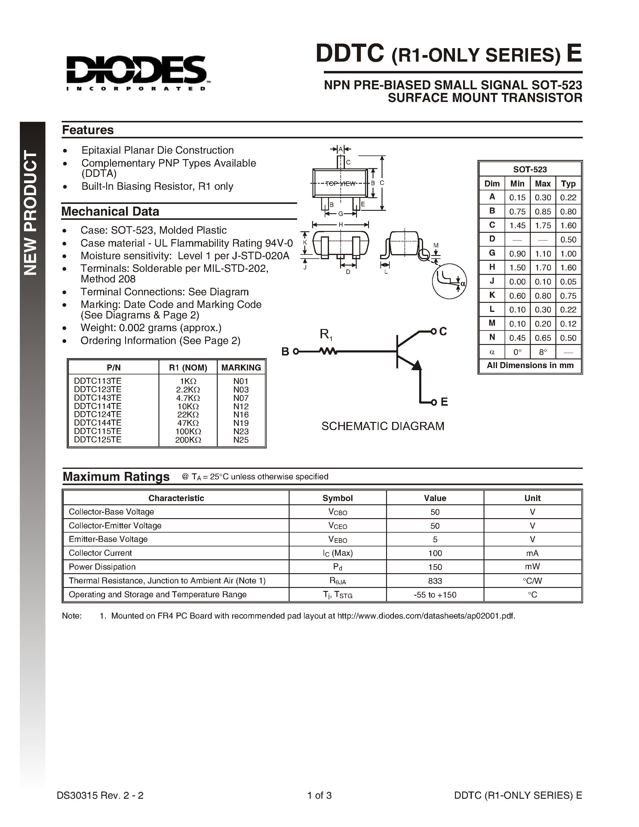 Даташит DDTC143TE-7 - NPN PRE-BIASED SMALL SIGNAL SOT-523 SURFACE MOUNT TRANSISTOR страница 1