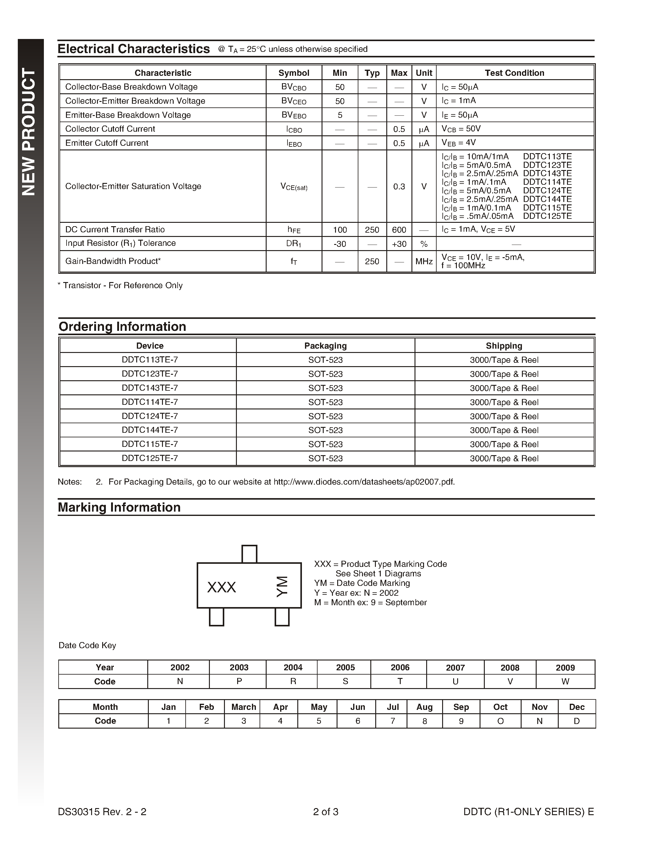Даташит DDTC143TE-7 - NPN PRE-BIASED SMALL SIGNAL SOT-523 SURFACE MOUNT TRANSISTOR страница 2