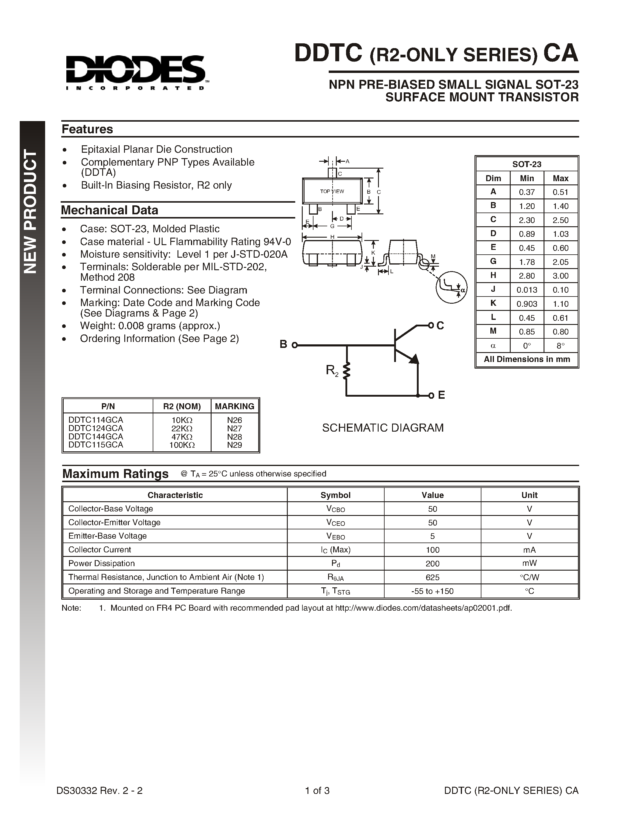 Datasheet DDTC144GCA-7 - NPN PRE-BIASED SMALL SIGNAL SOT-23 SURFACE MOUNT TRANSISTOR page 1
