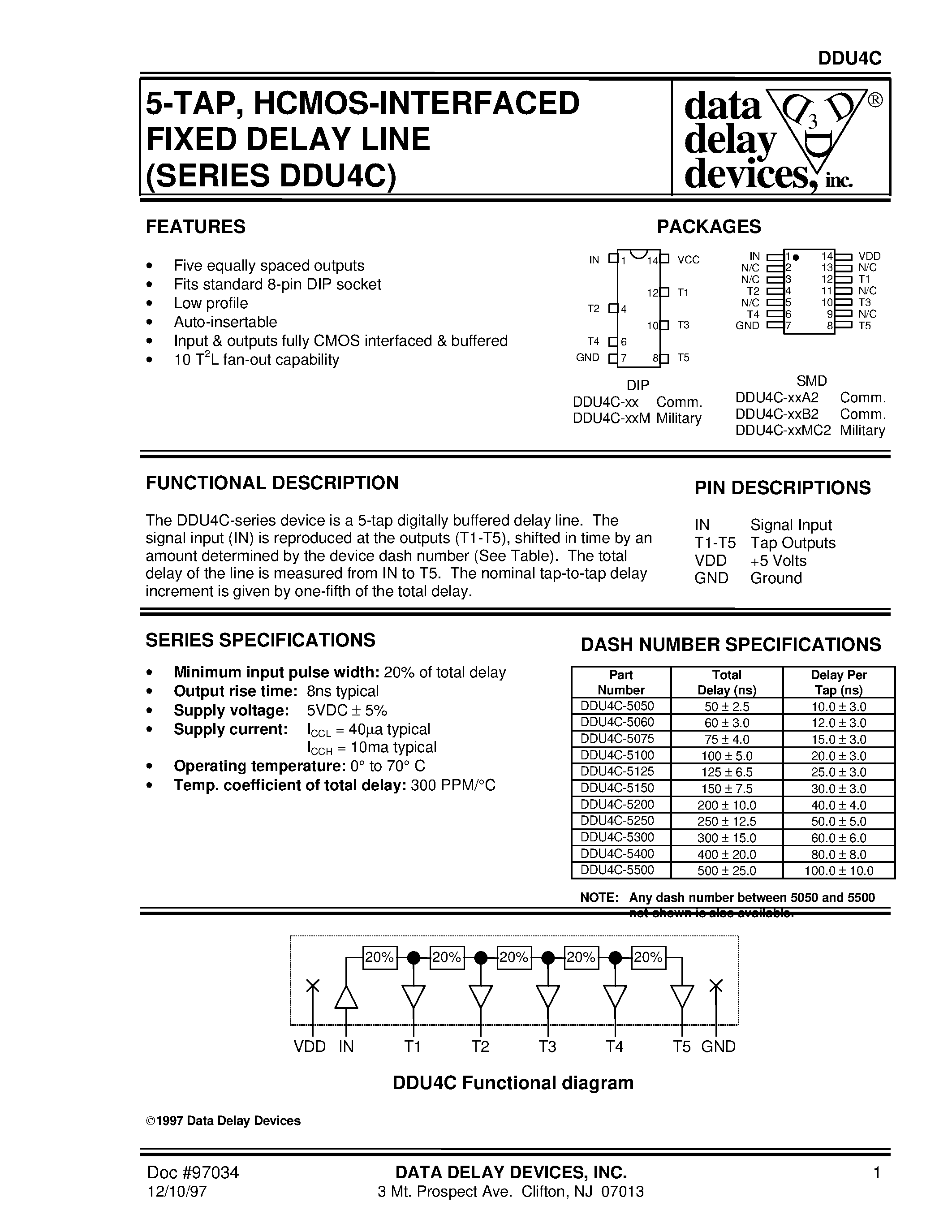Даташит DDU4C-5500 - 5-TAP/ HCMOS-INTERFACED FIXED DELAY LINE (SERIES DDU4C) страница 1