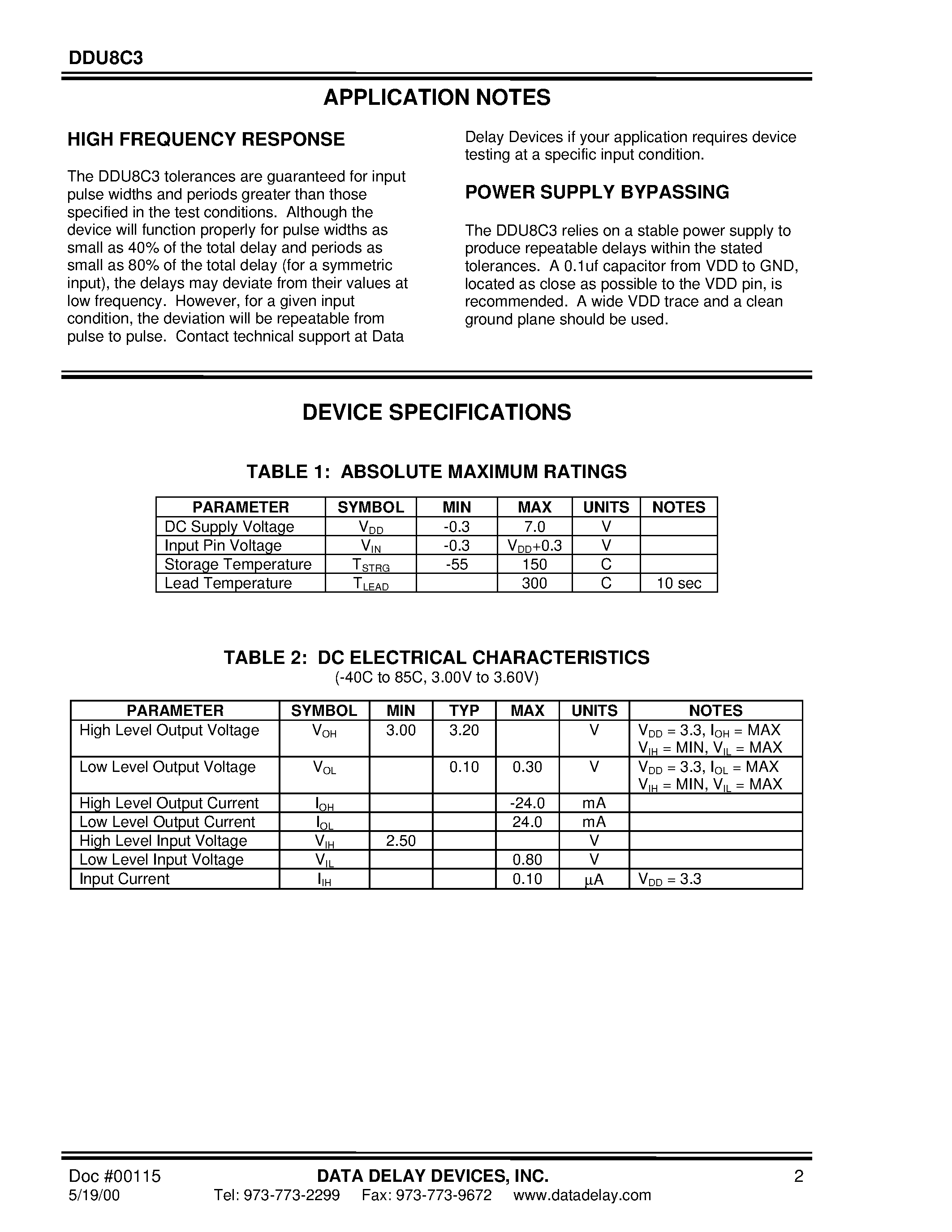 Datasheet DDU8C3-5050 page 2 Datasheet DDU8C3-5050 - 5-TAP/ 3.3V CMOS-INTERFACED FIXED DELAY LINE page 2
