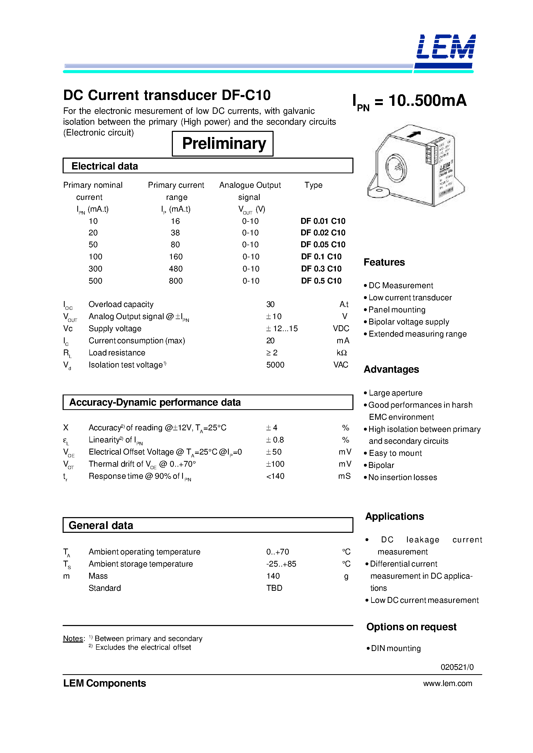 Datasheet DF0.1-C10 - DC Current transducer DF-C10 page 1