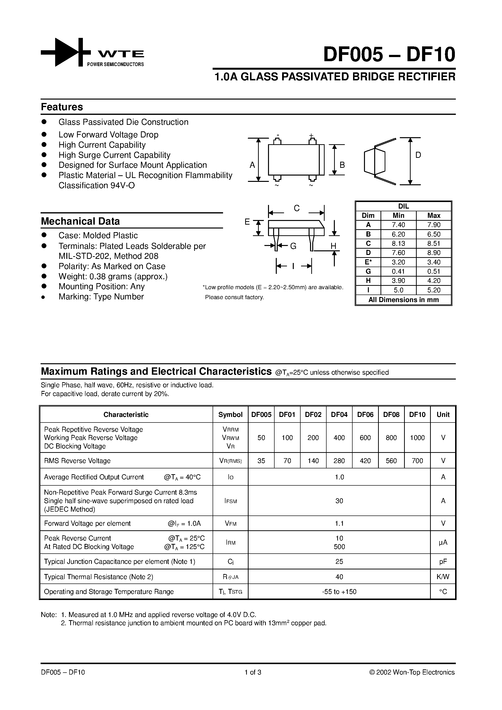 Datasheet DF005 - 1.0A GLASS PASSIVATED BRIDGE RECTIFIER page 1