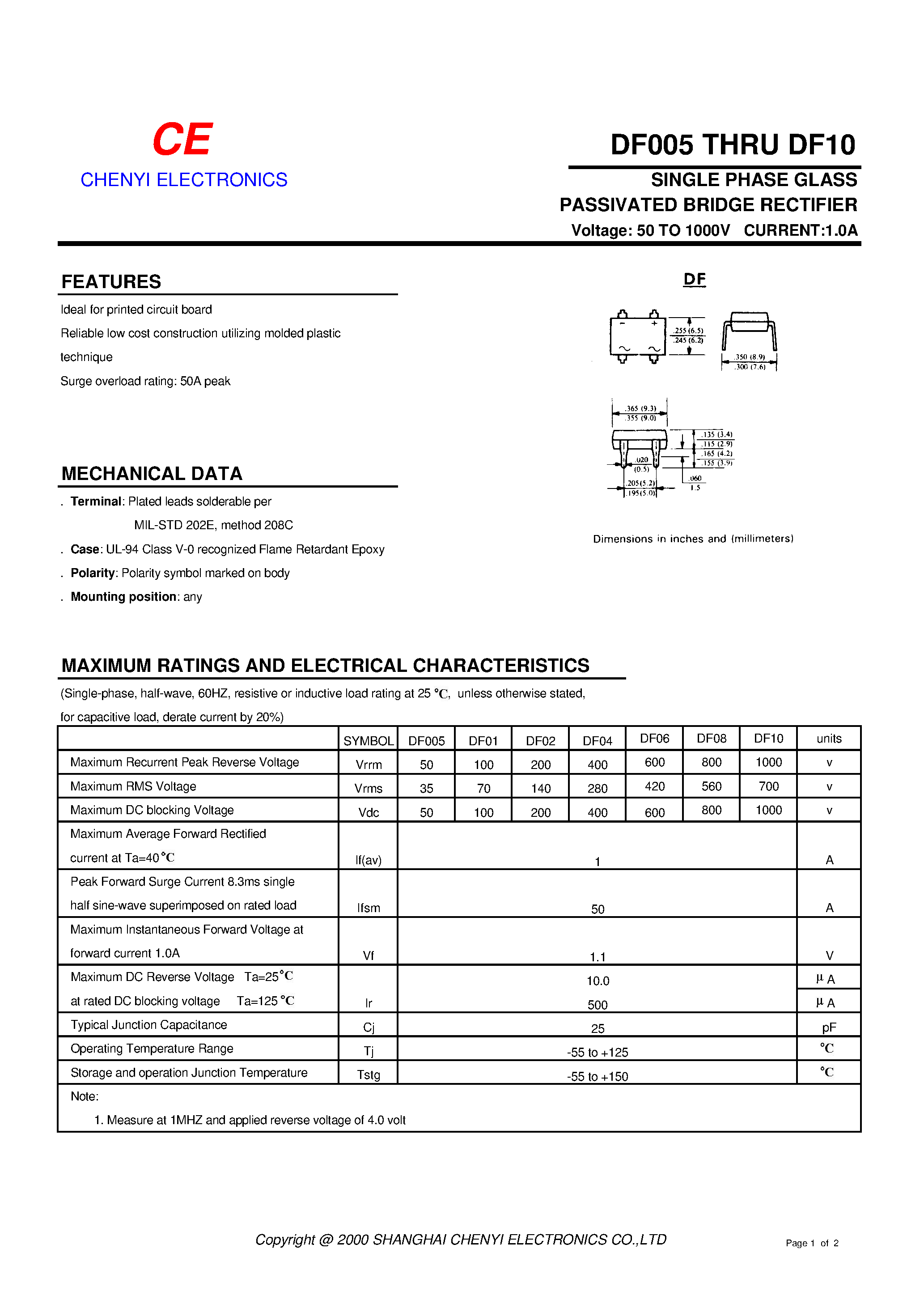 Datasheet DF005 page 1 Datasheet DF005 - SINGLE PHASE GLASS PASSIVATED BRIDGE RECTIFIER page 1