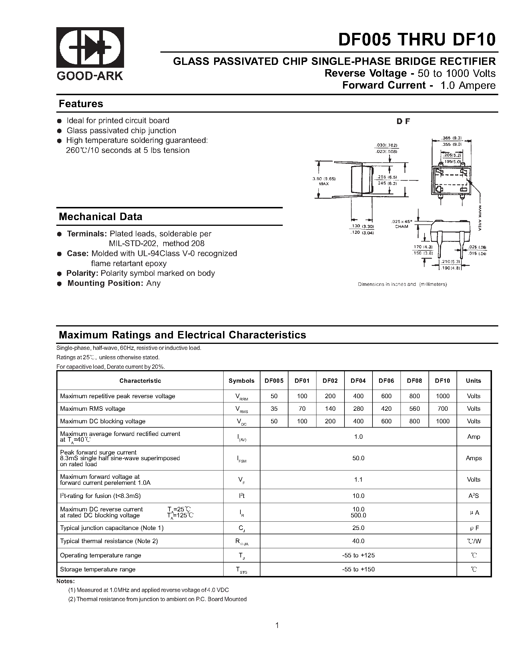 Datasheet DF005 page 1 Datasheet DF005 - GLASS PASSIVATED CHIP SINGLE-PHASE BRIDGE RECTIFIER page 1