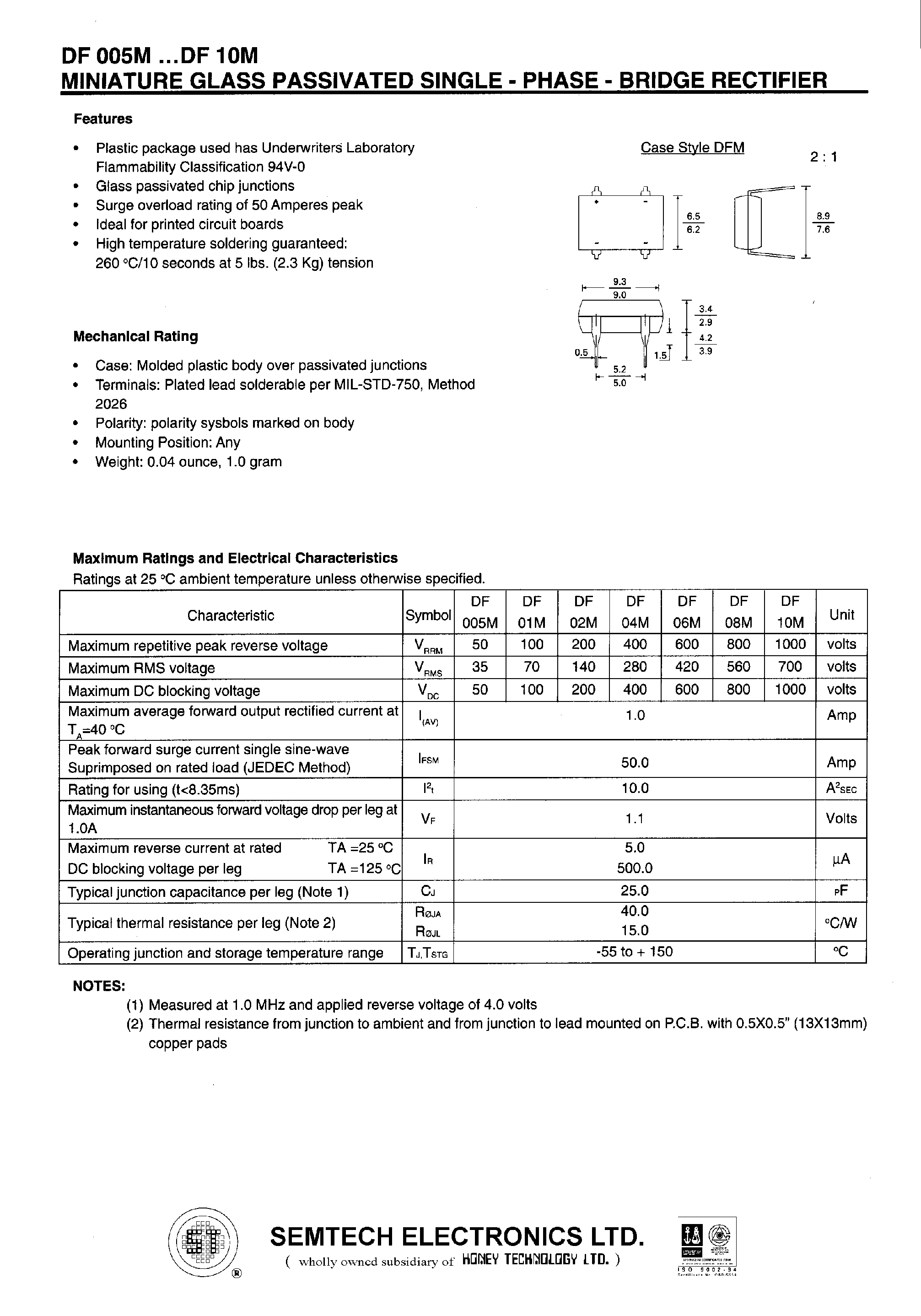 Datasheet DF005M page 1 Datasheet DF005M - MINIATURE GLASS PASSIVATED SINGLE - PHASE - RECTIFIER page 1