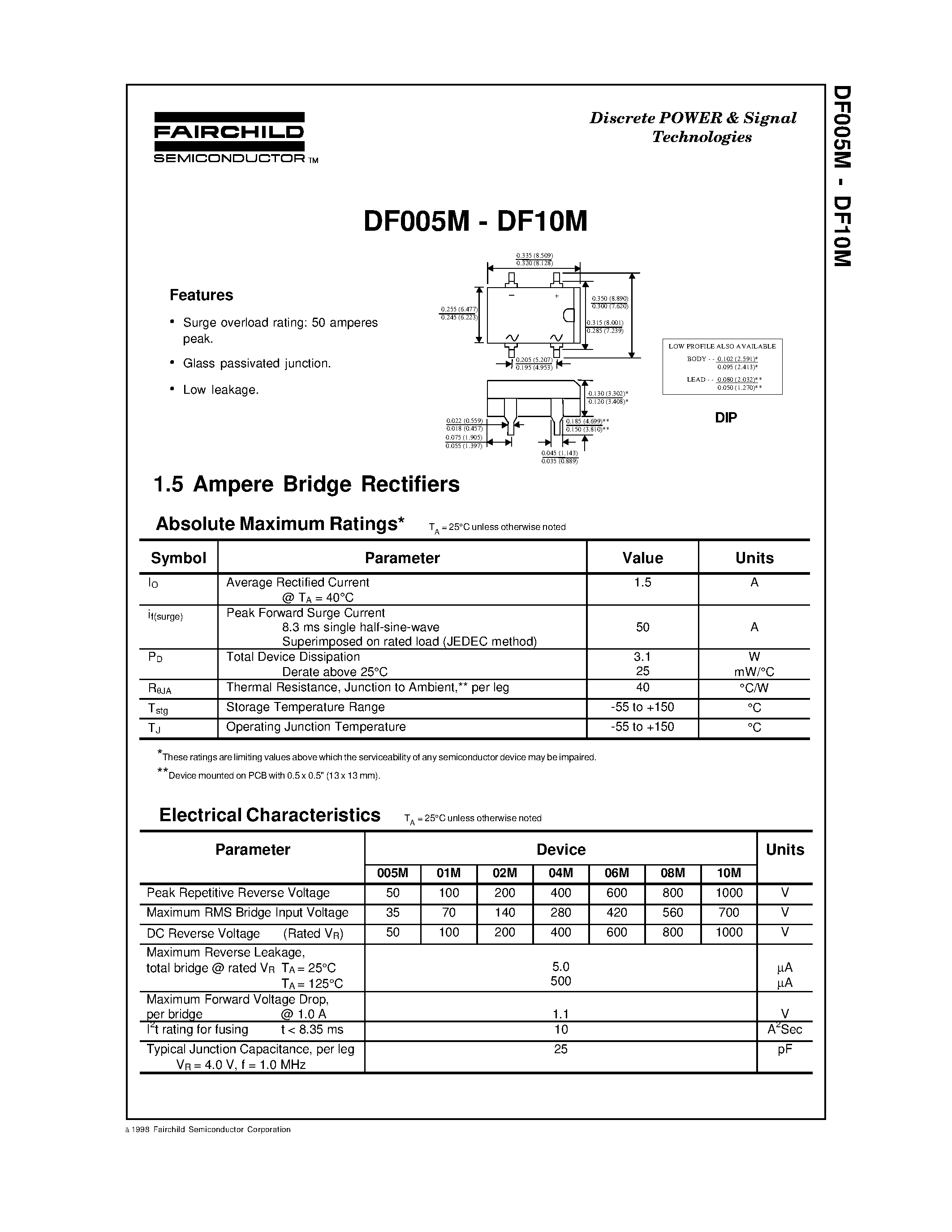 Datasheet DF005M - 1.5 Ampere Bridge Rectifiers page 1