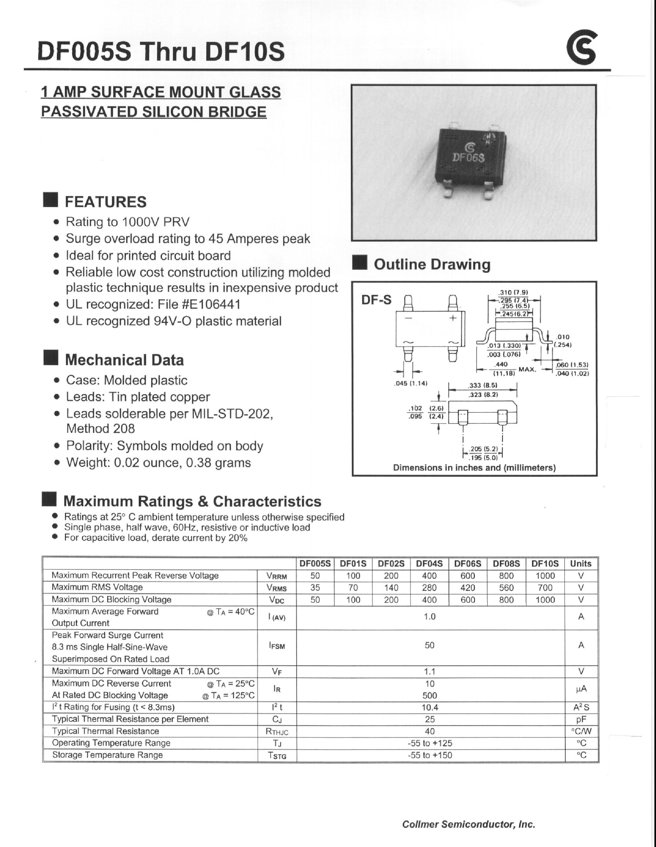 Даташит на микросхему DF005S страница 1 Даташит DF005S - 1 AMP SURFACE MOUNT GLASS PASSIVATED SILICON BRIDGE страница 1