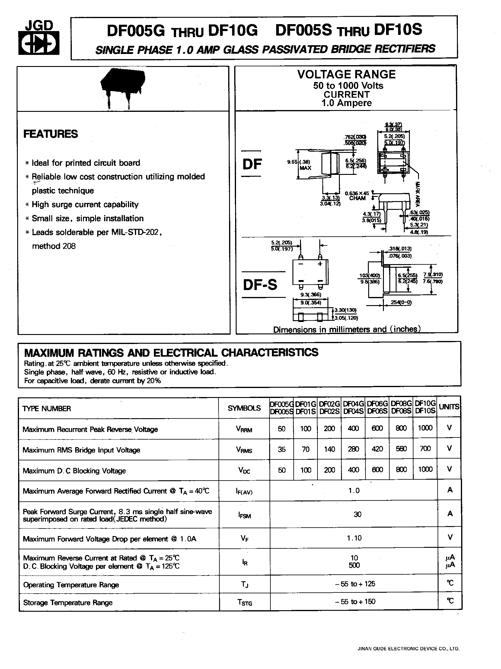 Даташит на микросхему DF005S страница 1 Даташит DF005S - SINGLE PHASE 1.0AMP GLASS PASSIVATED BRIDGE RECTIFIERS страница 1