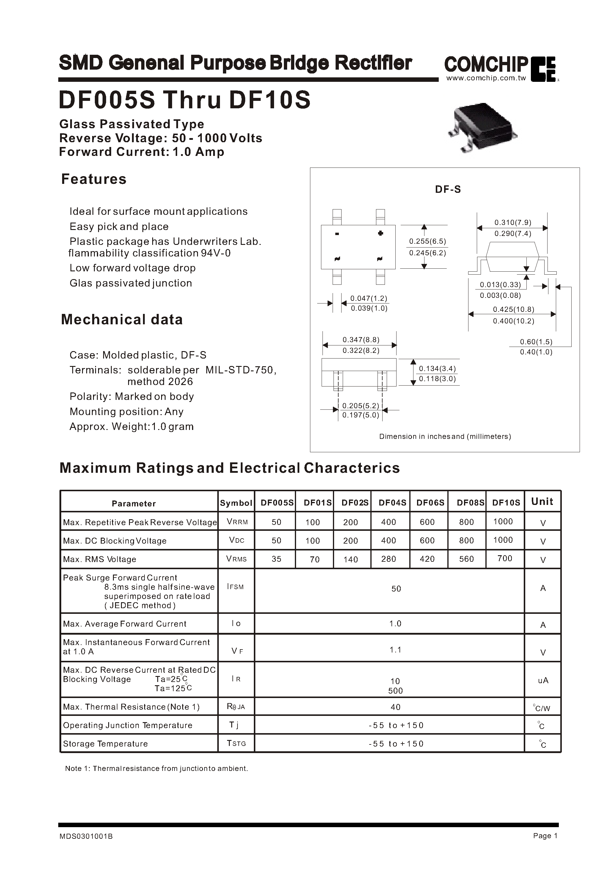 Datasheet DF005S - SMD Genenal Purpose Bridge Rectifier page 1