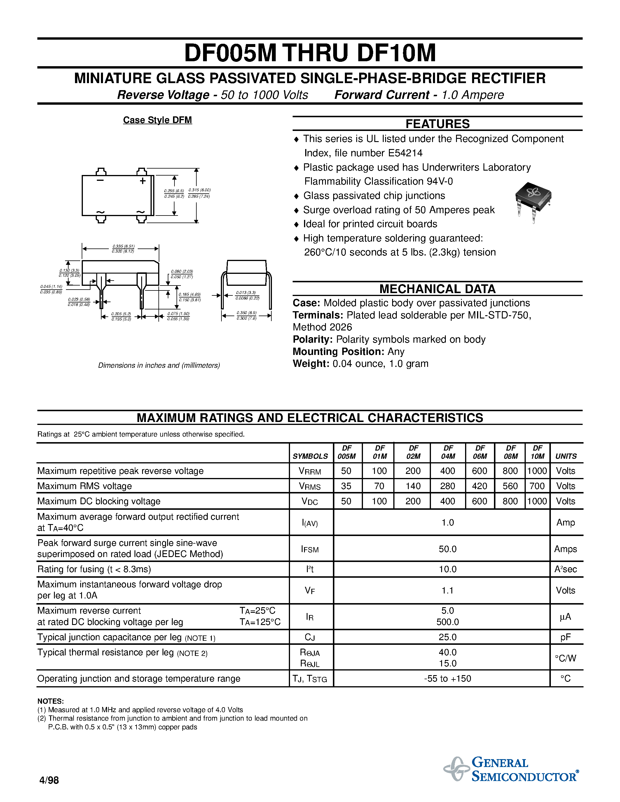 Datasheet DF01M - MINIATURE GLASS PASSIVATED SINGLE-PHASE-BRIDGE RECTIFIER page 1