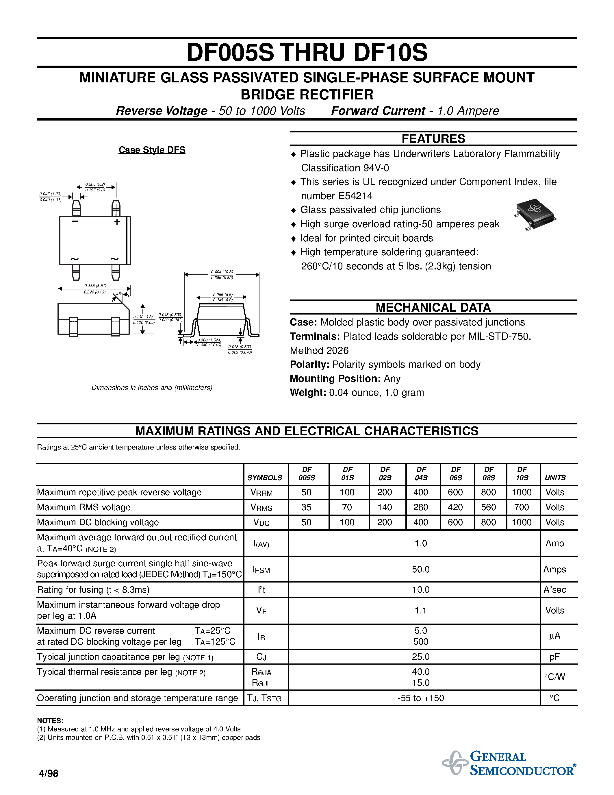 Datasheet DF01S - MINIATURE GLASS PASSIVATED SINGLE-PHASE SURFACE MOUNT BRIDGE RECTIFIER page 1