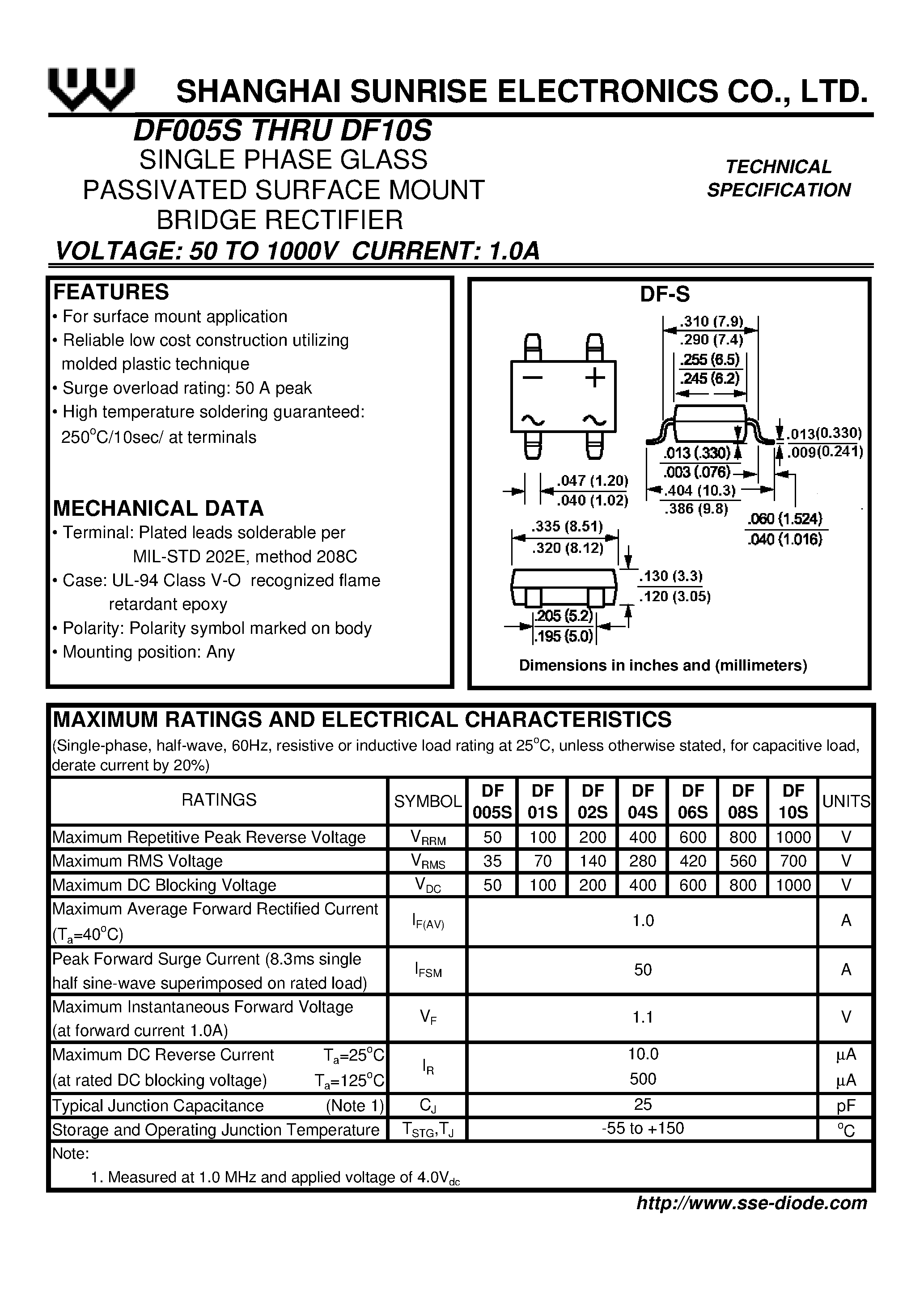 Datasheet DF01S - SINGLE PHASE GLASS PASSIVATED SURFACE MOUNT BRIDGE RECTIFIER page 1