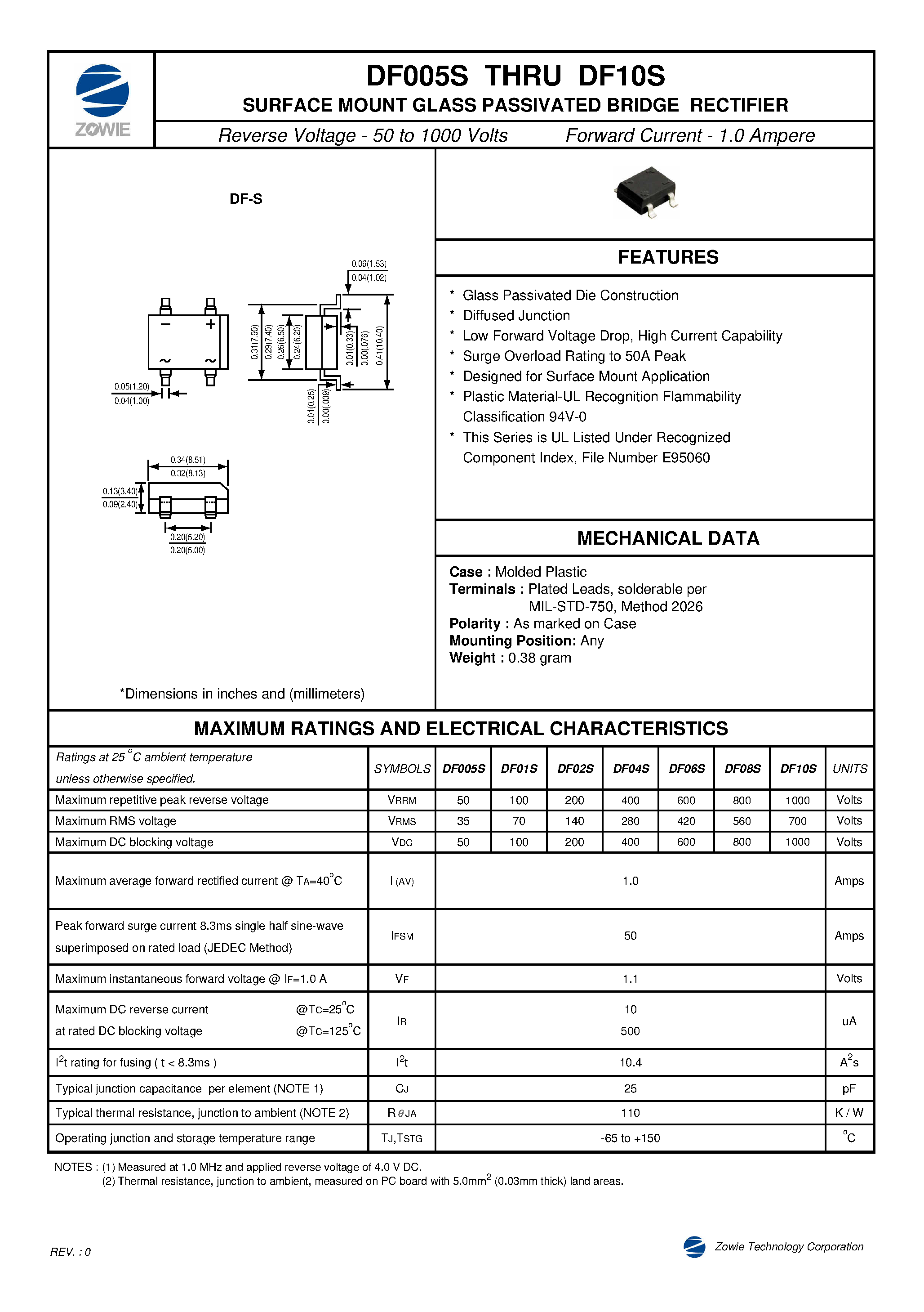 Datasheet DF01S - SURFACE MOUNT GLASS PASSIVATED BRIDGE RECTIFIER page 1