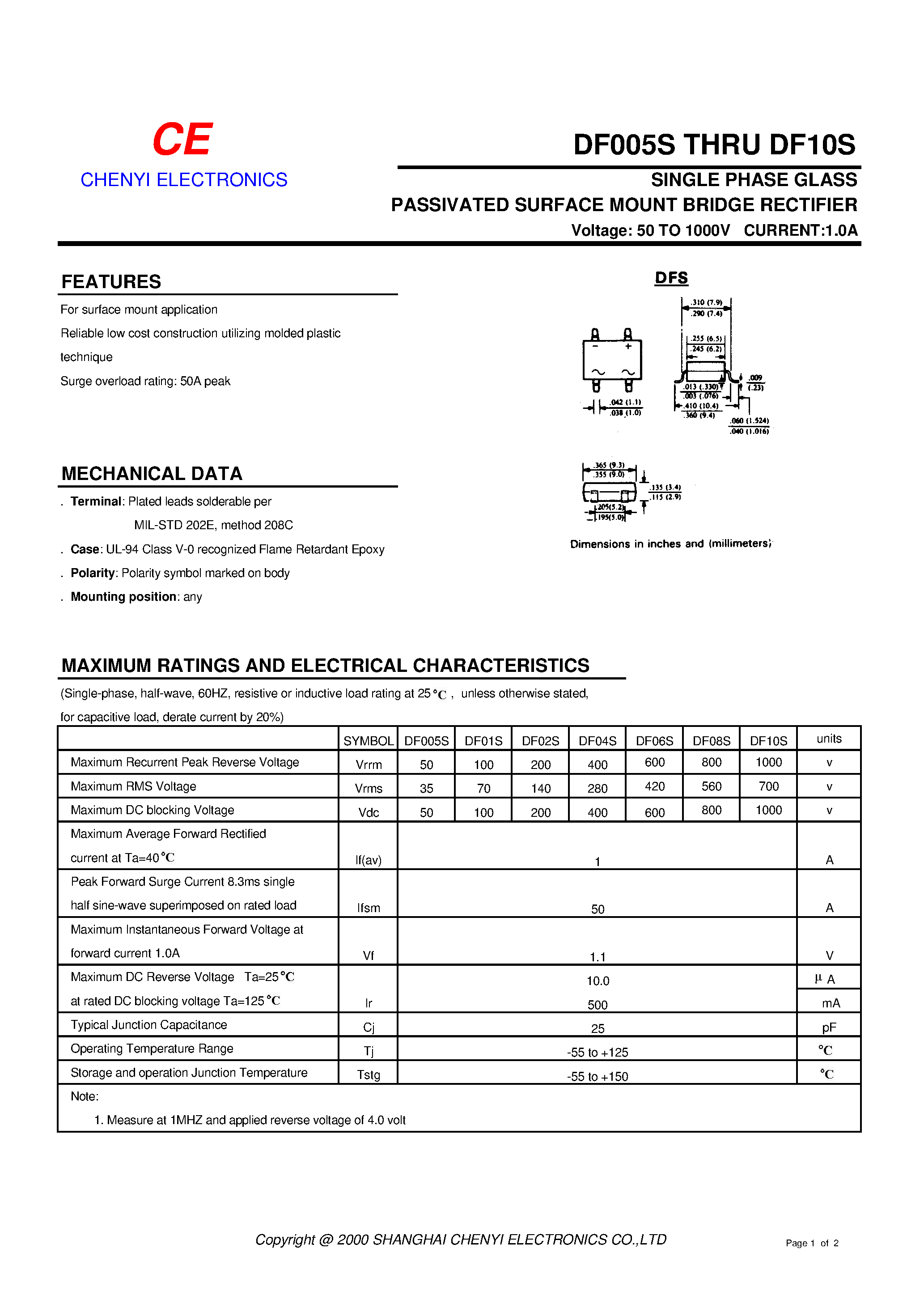 Datasheet DF02S - SINGLE PHASE GLASS PASSIVATED SURFACE MOUNT BRIDGE RECTIFIER page 1