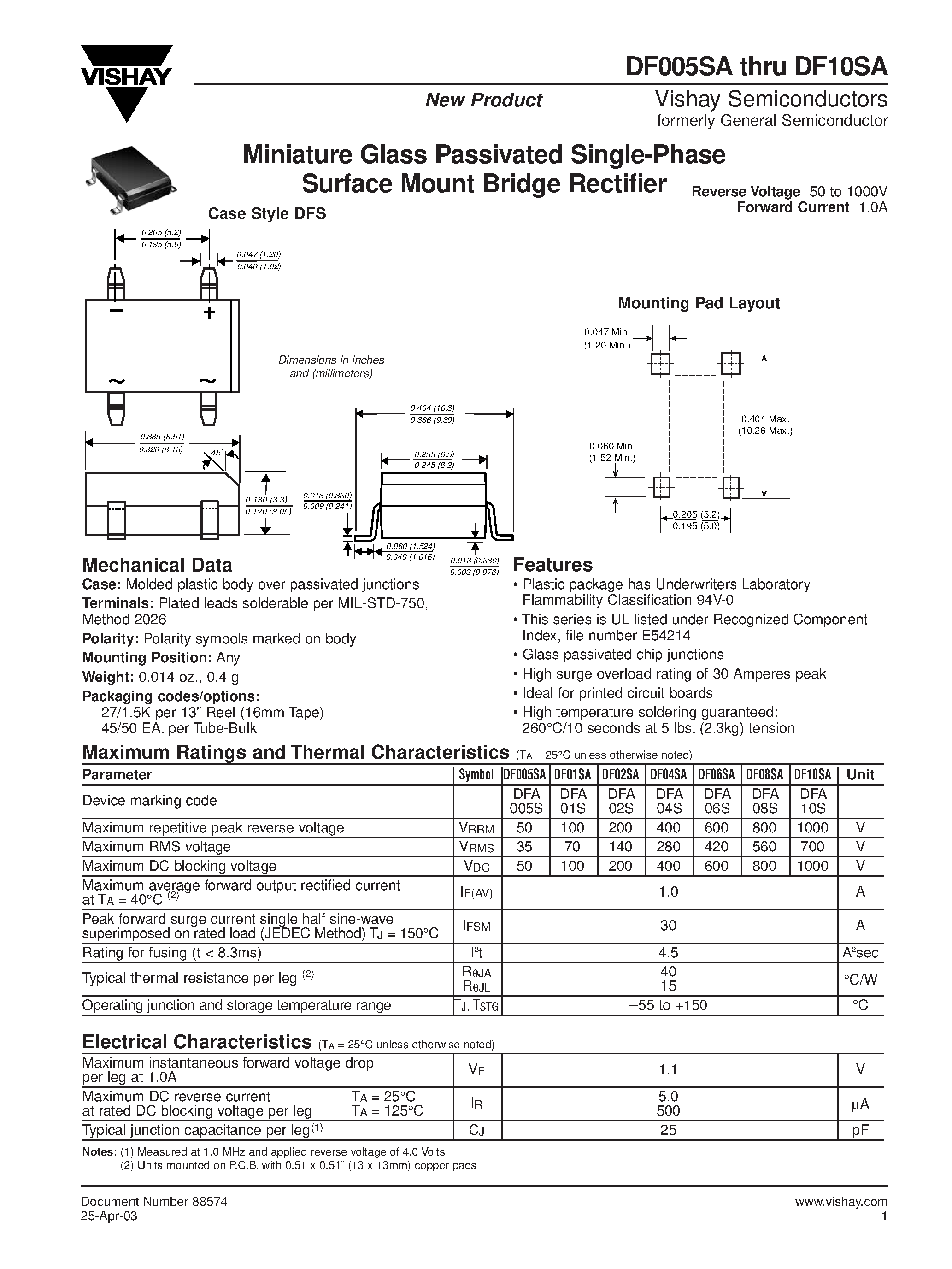 Datasheet DF06SA - Miniature Glass Passivated Single-Phase Surface Mount Bridge Rectifier page 1