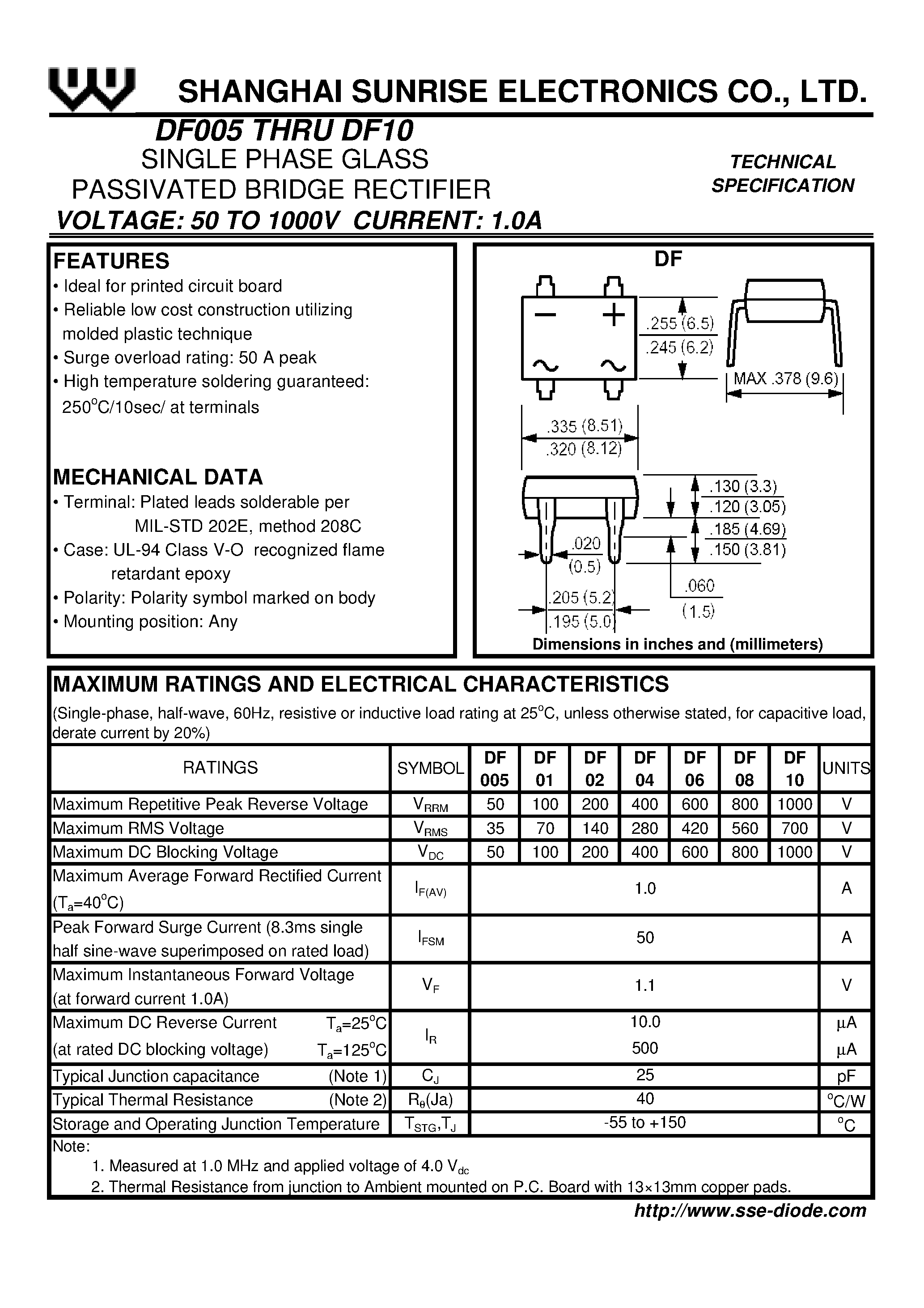 Datasheet DF08 - SINGLE PHASE GLASS PASSIVATED BRIDGE RECTIFIER page 1