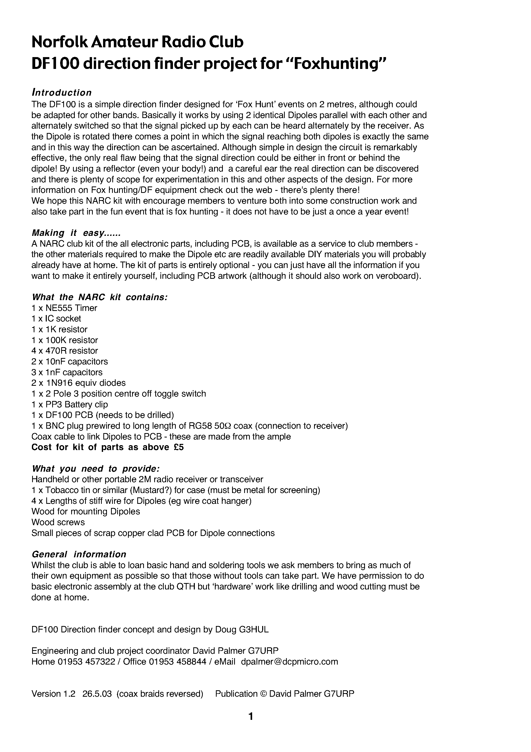 Datasheet DF100 - Norfolk Amateur Radio Club DF100 direction finder project for Foxhunting page 1