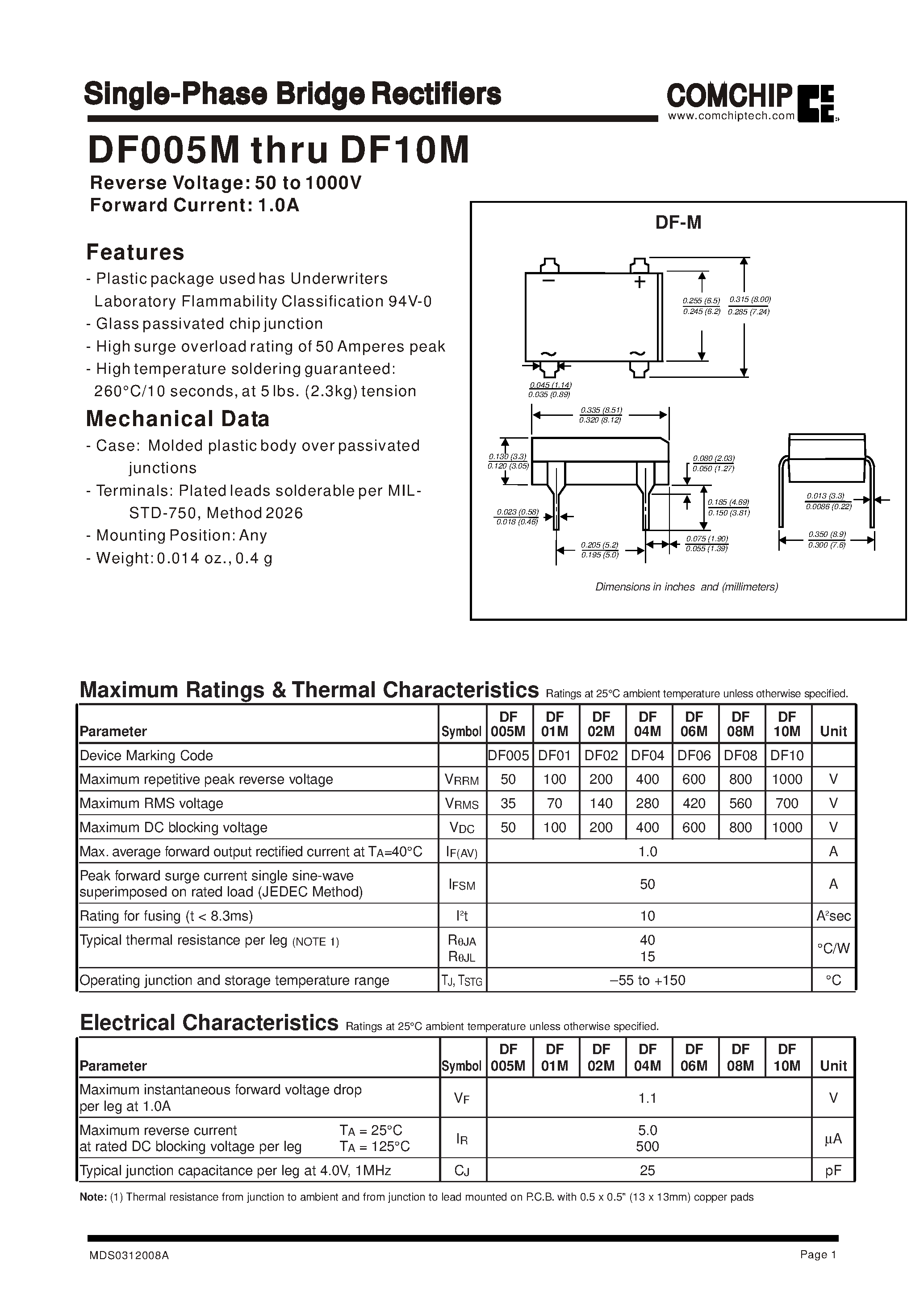 Datasheet DF10M page 1 Datasheet DF10M - Single-Phase Bridge Rectifiers page 1