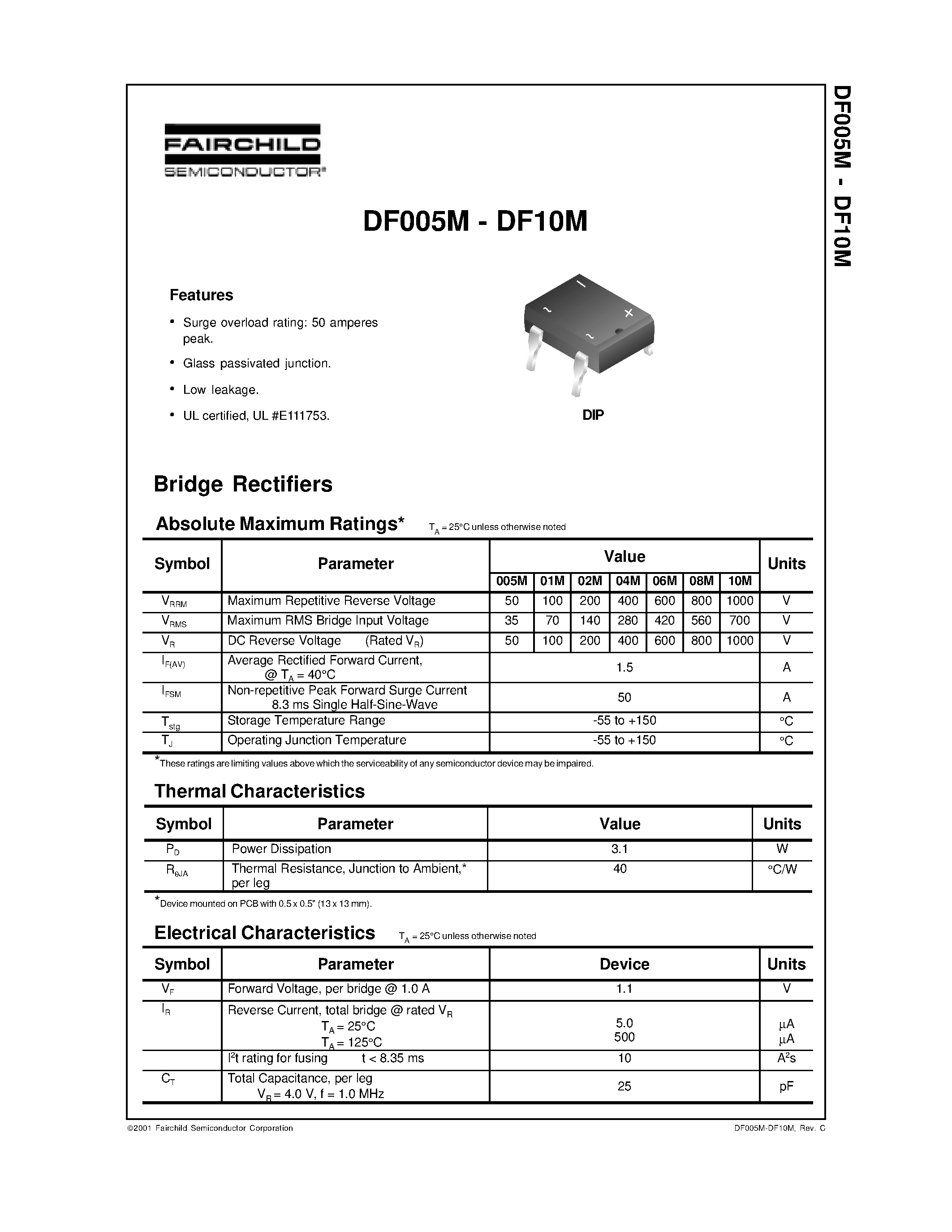 Datasheet DF10M page 1 Datasheet DF10M - Bridge Rectifiers page 1
