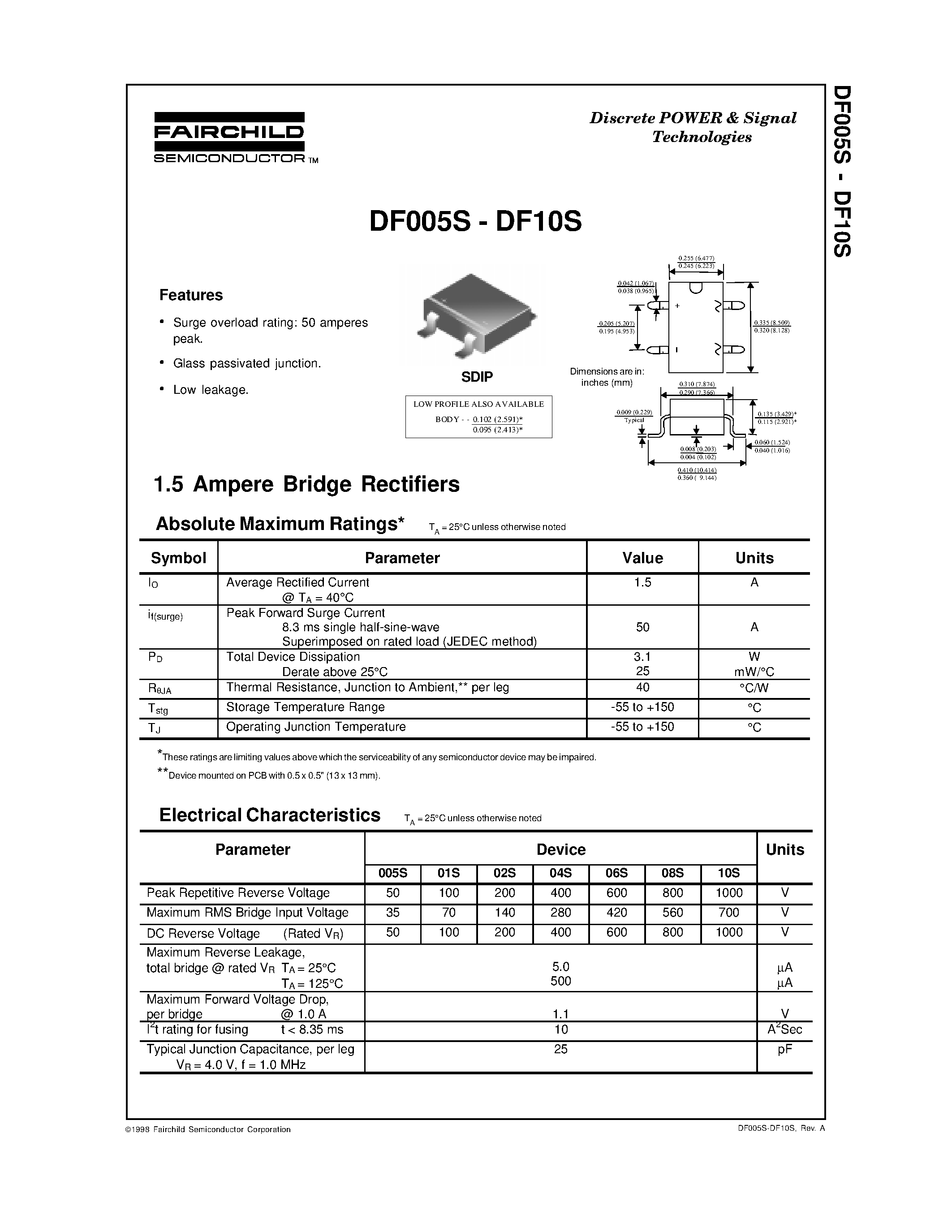 Datasheet DF10S page 1 Datasheet DF10S - Bridge Rectifiers page 1