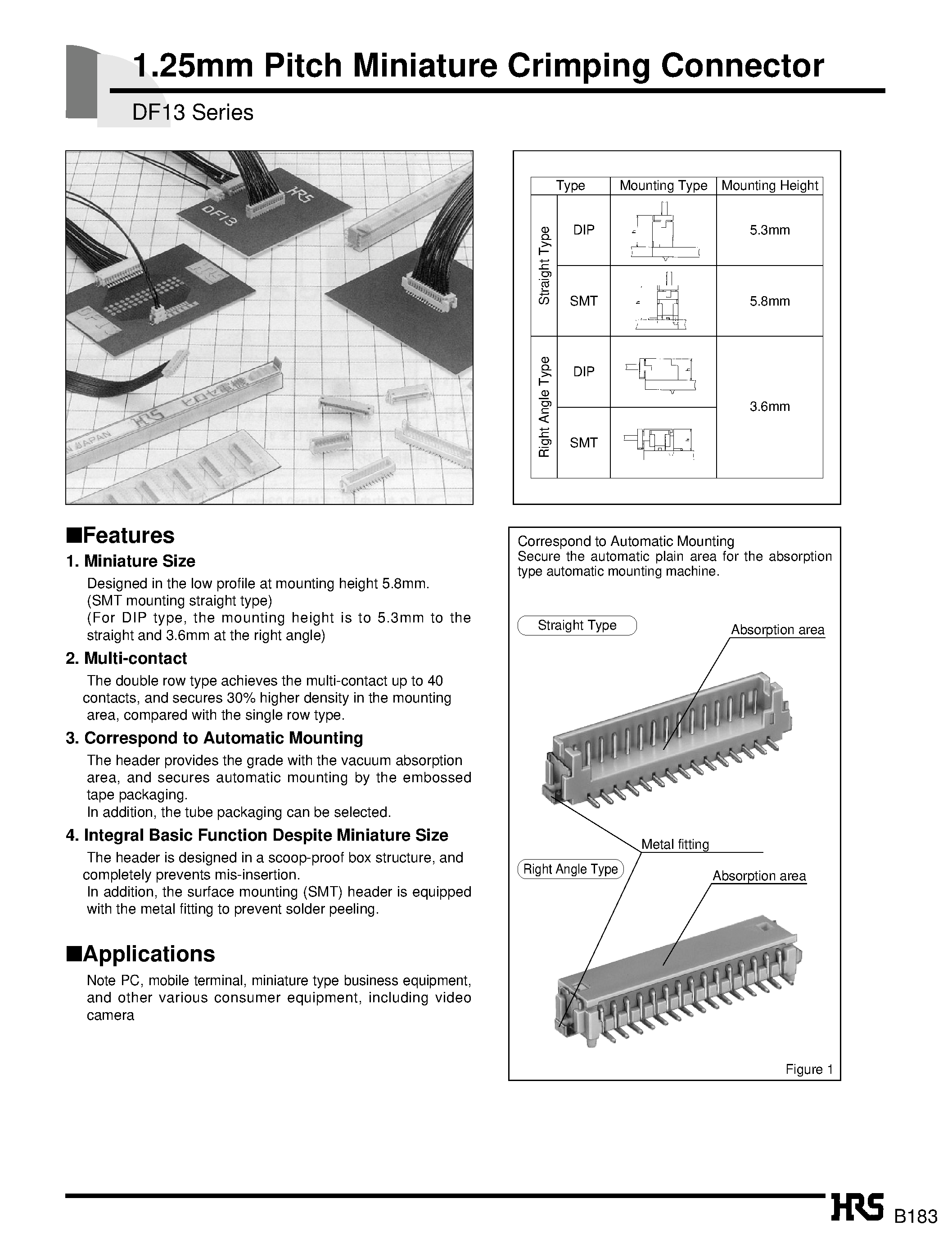 Даташит DF13-10DP-1.25H - 1.25mm Pitch Miniature Crimping Connector страница 1