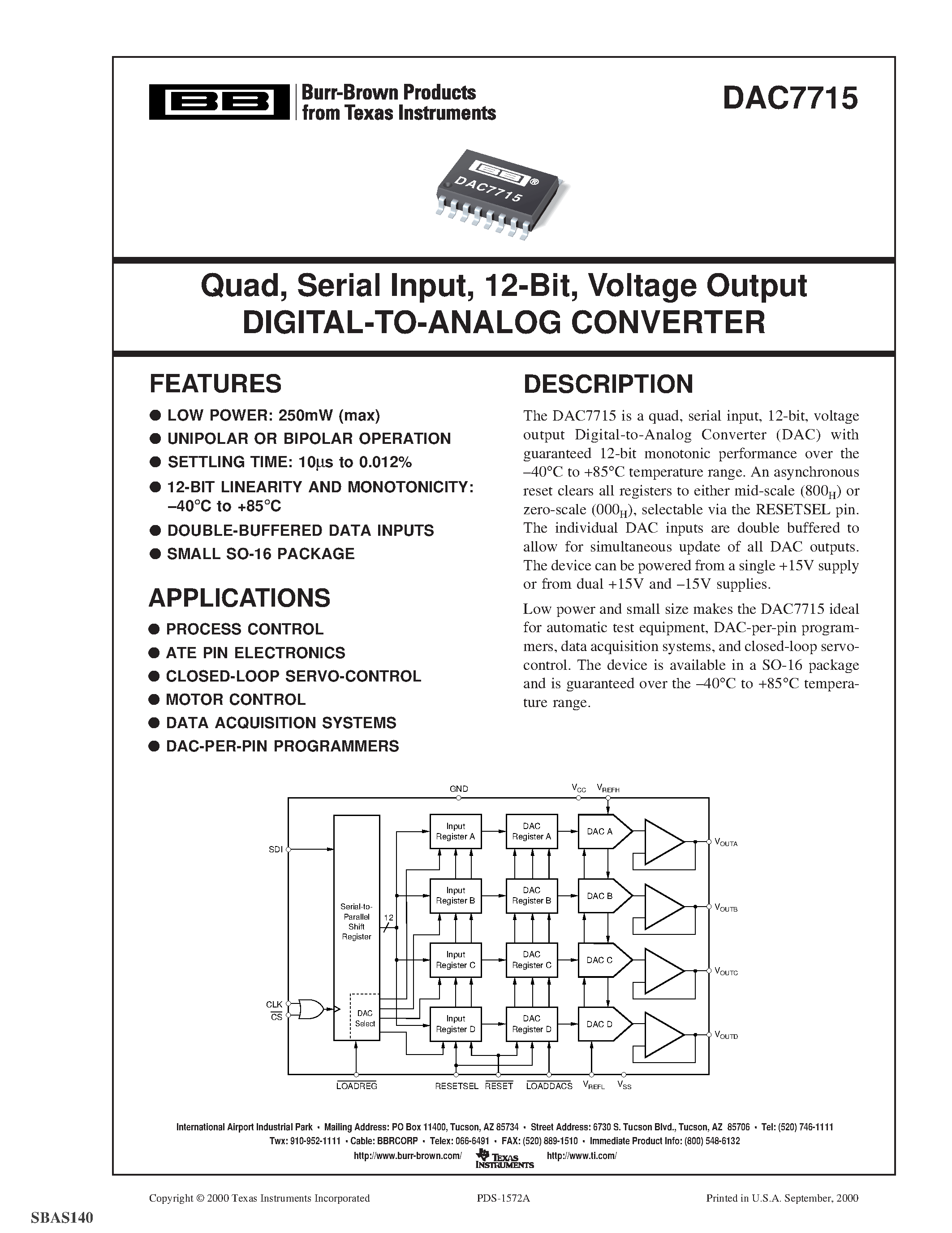 Datasheet DAC7715U - Quad/ Serial Input/ 12-Bit/ Voltage Output DIGITAL-TO-ANALOG CONVERTER page 1