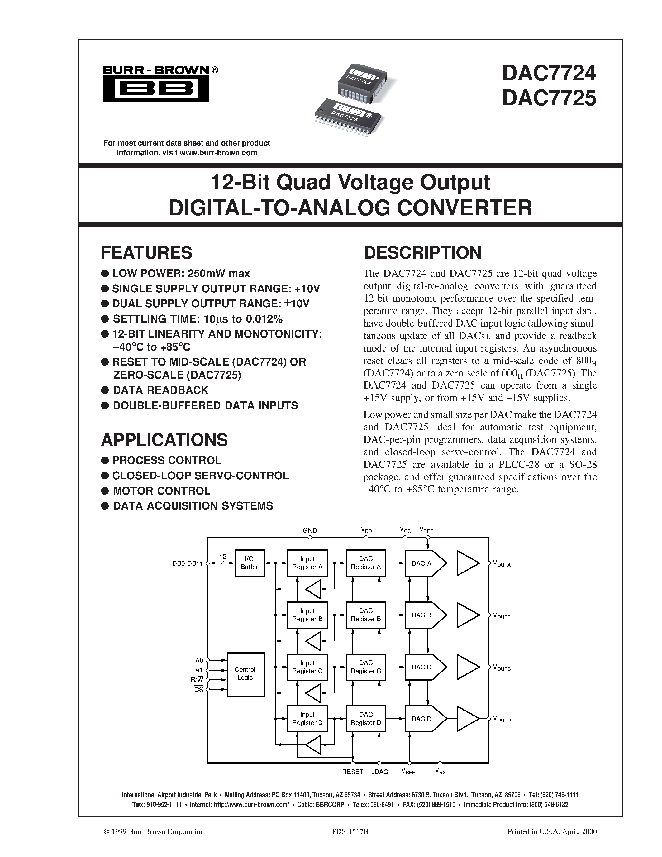 Datasheet DAC7725N - 12-Bit Quad Voltage Output DIGITAL-TO-ANALOG CONVERTER page 1