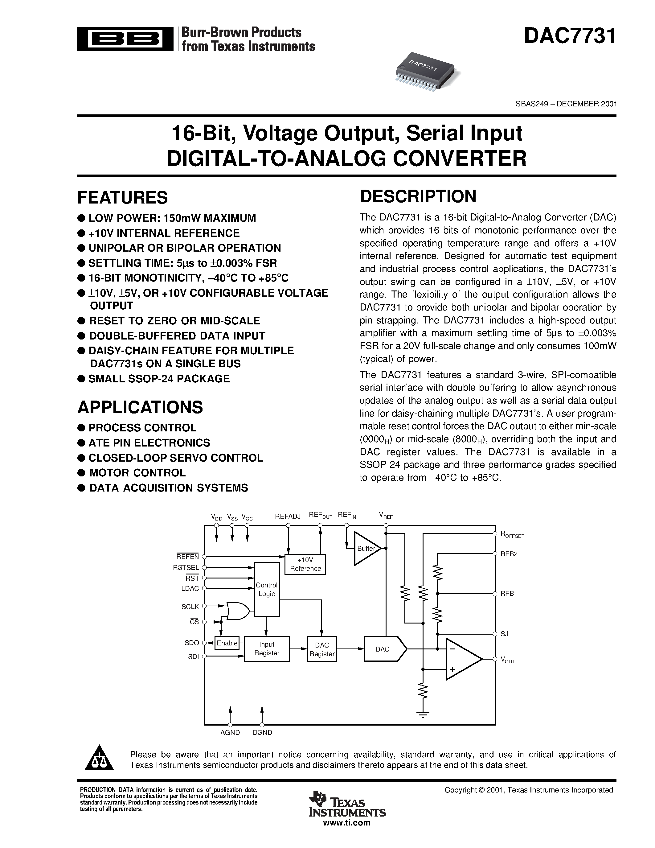 Datasheet DAC7731E - 16-Bit/ Voltage Output/ Serial Input DIGITAL-TO-ANALOG CONVERTER page 1
